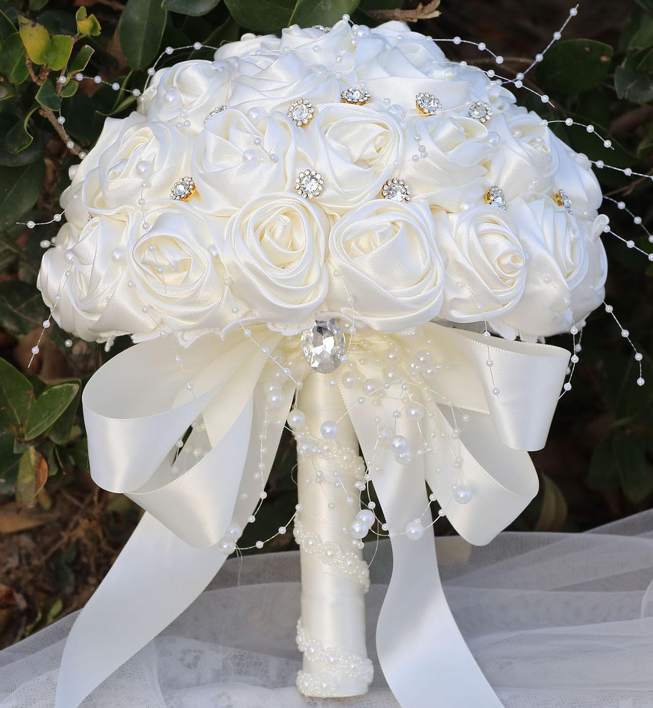 Mhojpik Bridal Wedding Bouquet Round Bling Brooch Bouquet Throw Toss Artificial Rose Flower Bunch for Bride Bridesmaid Wedding Quinceanera(Ivory, 6.3")