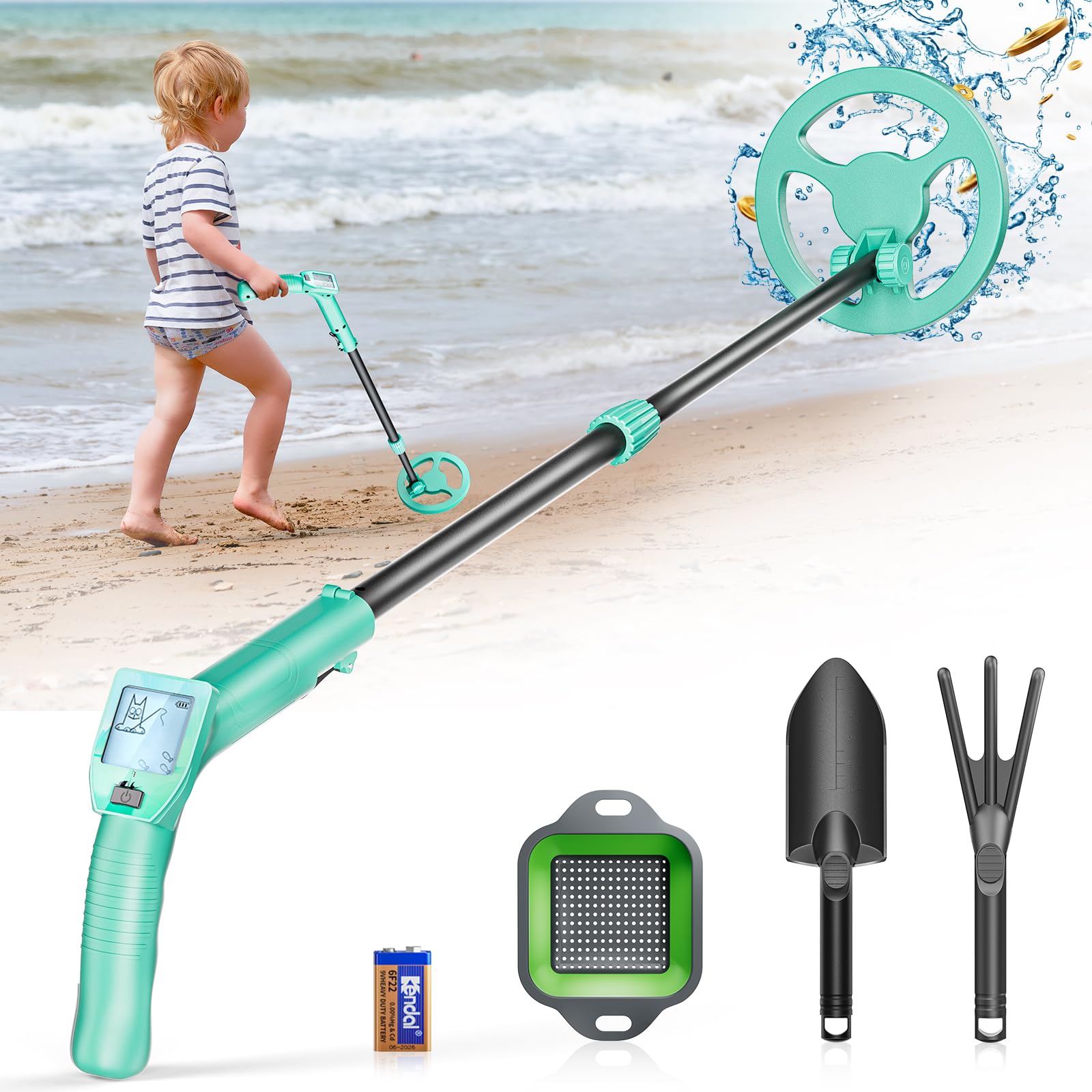 Detector de Metales Niños, Kooeuru Detector Metales Niños con Vástago Ajustable de 66 a 83 cm, Pantalla LCD Bobina de Búsqueda Impermeable, Detector de Metales para Niños con Pala Rastrillo Tamiz