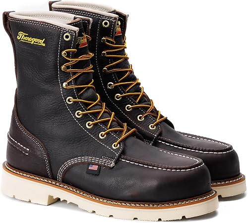 Thorogood Botas de trabajo impermeables con punta de acero de 8 pulgadas para hombre, cuero de grano completo con puntera tipo mocasín, suela de