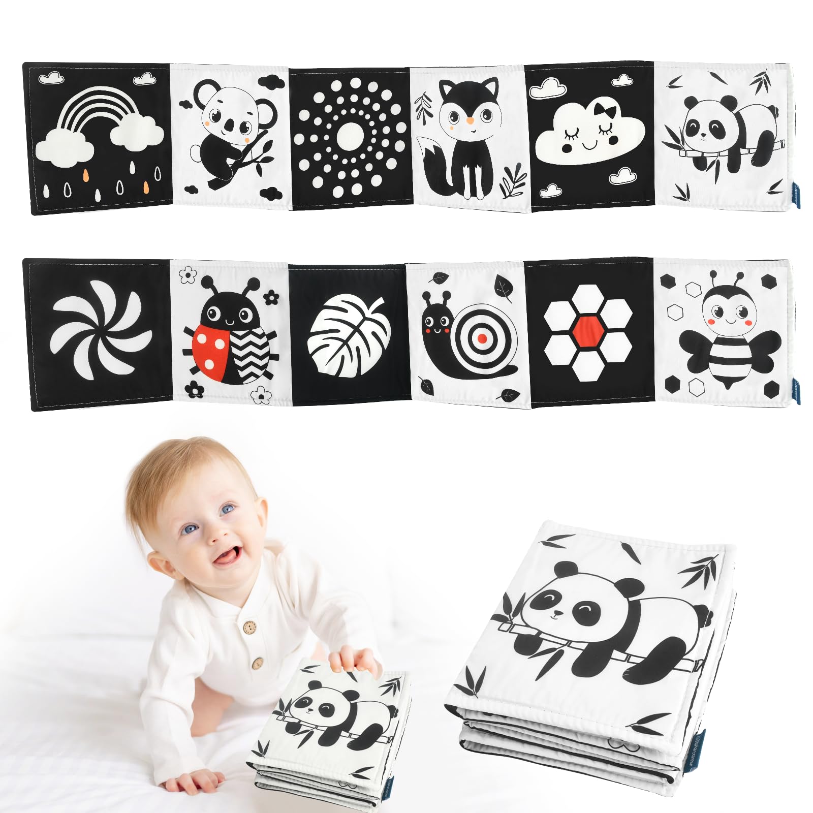 Libri In Stoffa Per Neonati 0-3 Anni - 4 Pezzi Bianco E Nero, Sensoriali Montessori, Con Sonagli - Foto 10