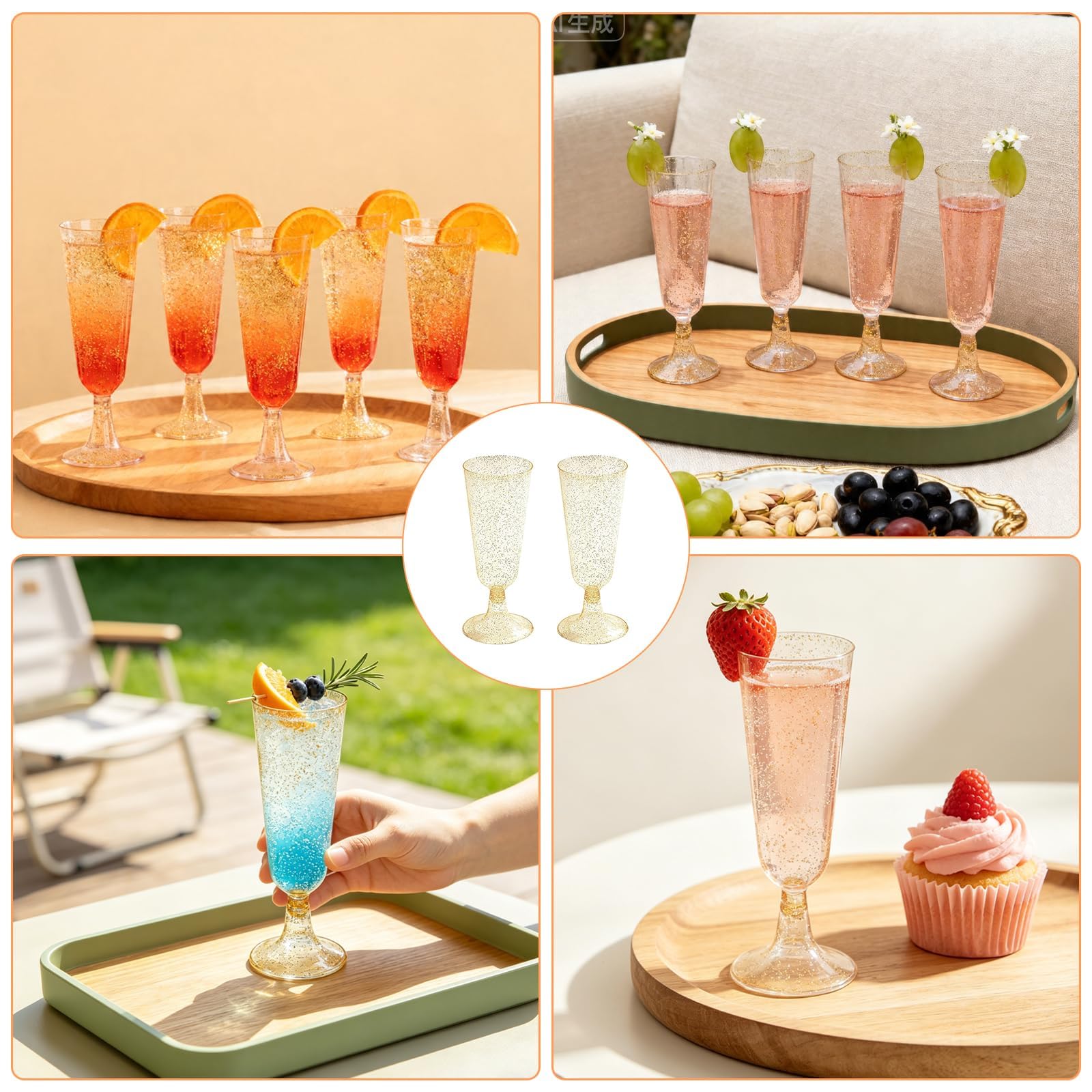 50 copas de champán reutilizables, con purpurina de oro rosa, 150 ml, para bodas, fiestas, picnics, fiestas al aire libre, bares