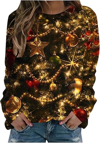 Camisas de Papá Noel para mujer, camisetas de manga larga de talla grande, suéteres feos de Navidad, camisetas gráficas de vacaciones
