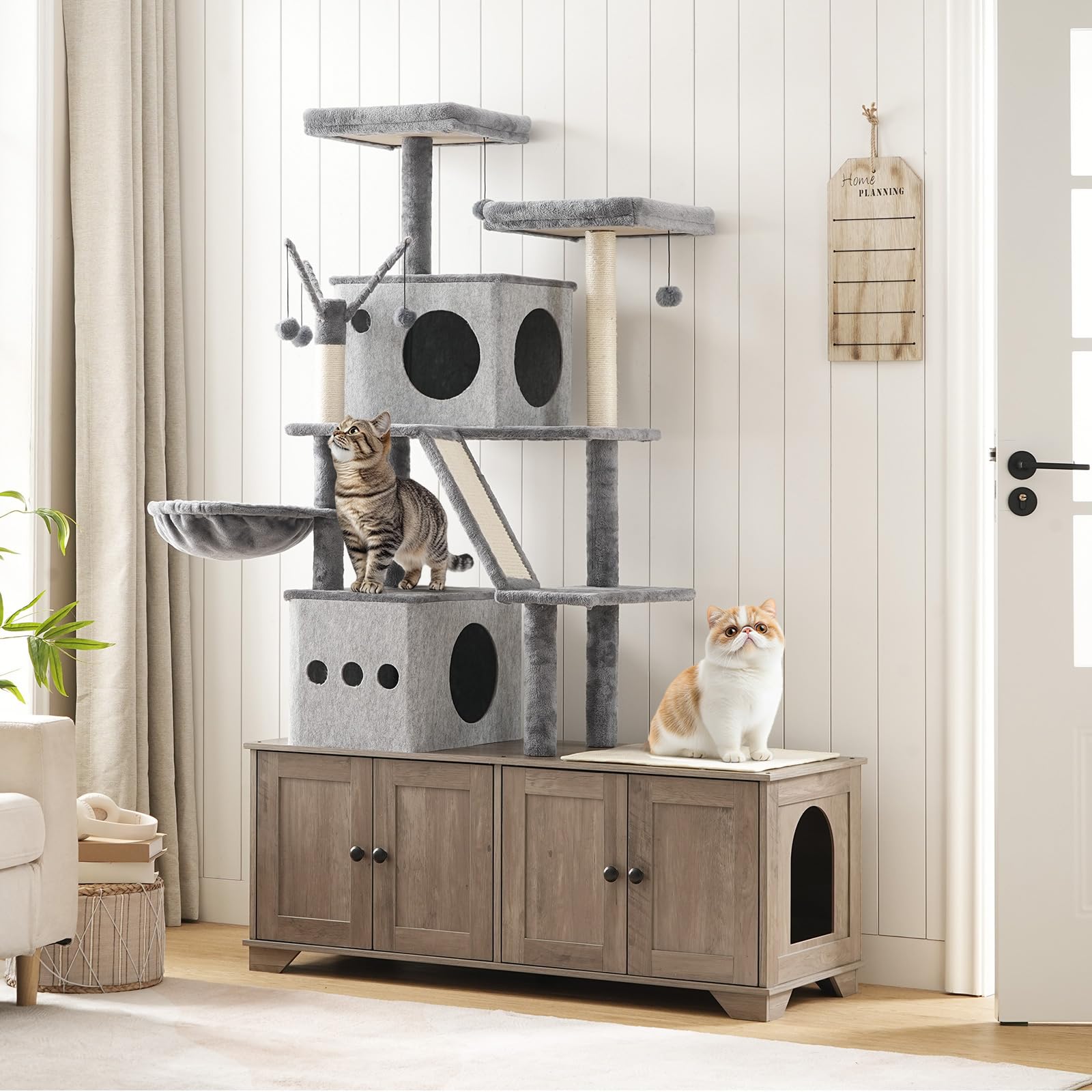HOOBRO Double Litter Box Enclosure with Cat Tree, 45.3