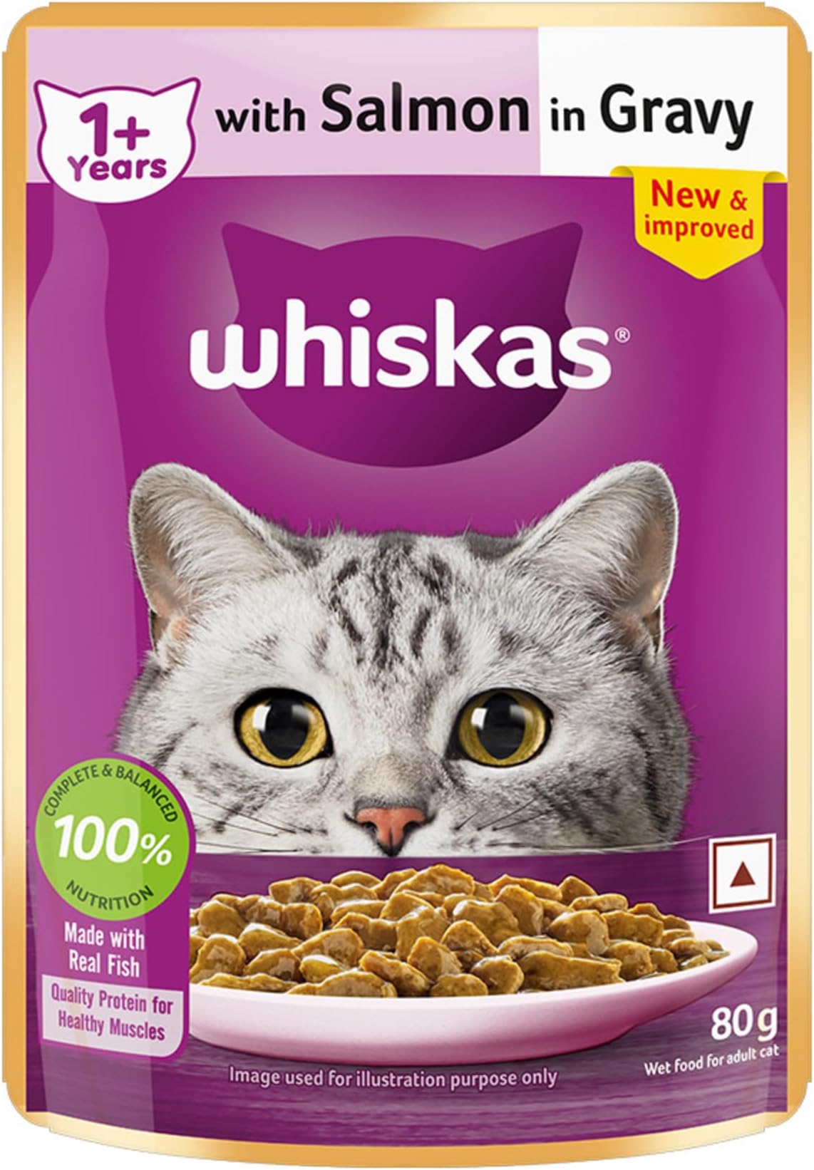 Whiskas Adult (1+ Years) Wet Cat Food, Salmon in Gravy, 80 g Hydrating Food Made With Real Fish, 100% Complete & Balanced Nutrition for Adult Cats