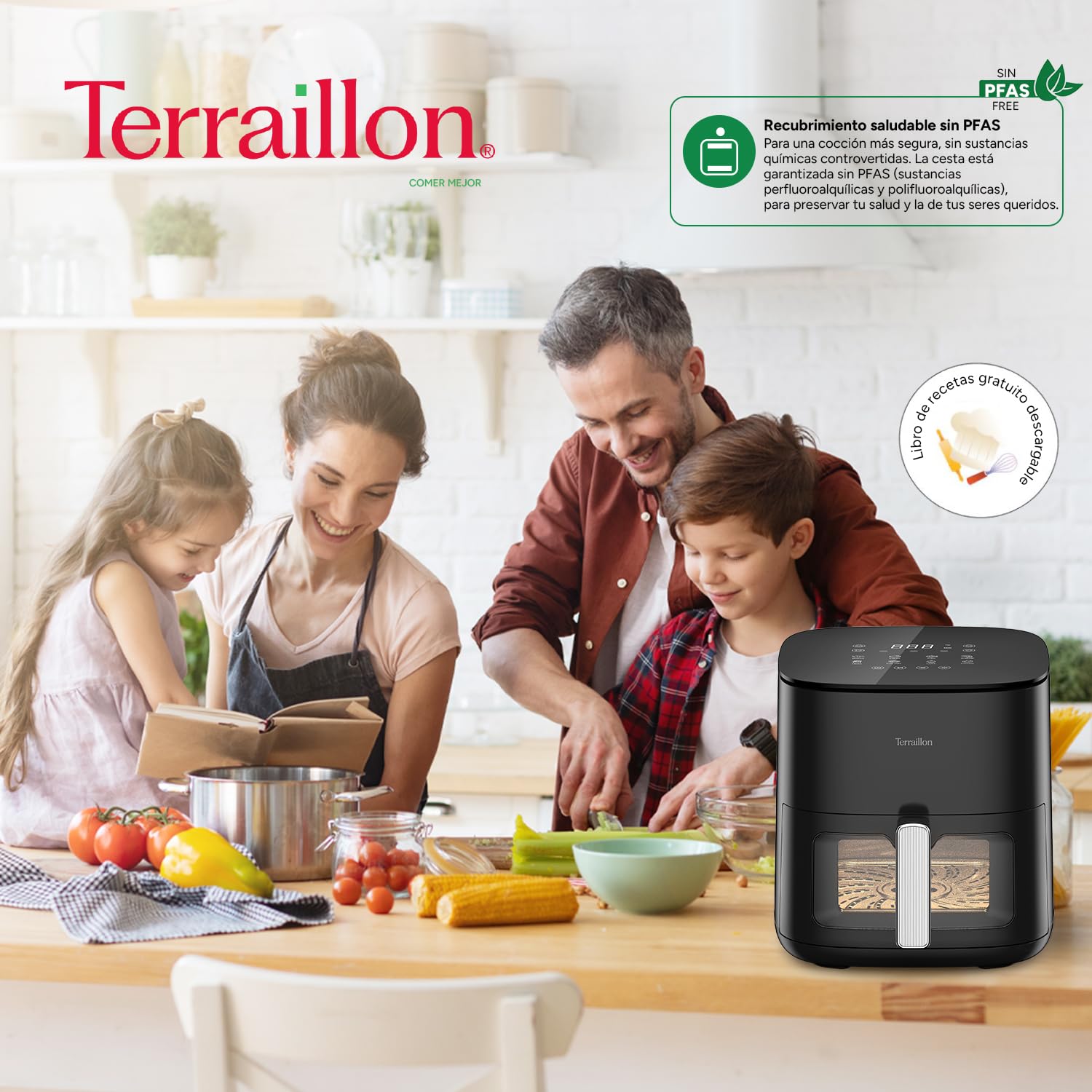 TERRAILLON – COOK&FRY XL 7L – Freidora sin aceite-freidora de aire – 2300 W – Doble resistencia para una cocción homogénea, sin PFAS – 8 programas – 80 °C a 200 °C – Pantalla LED táctil
