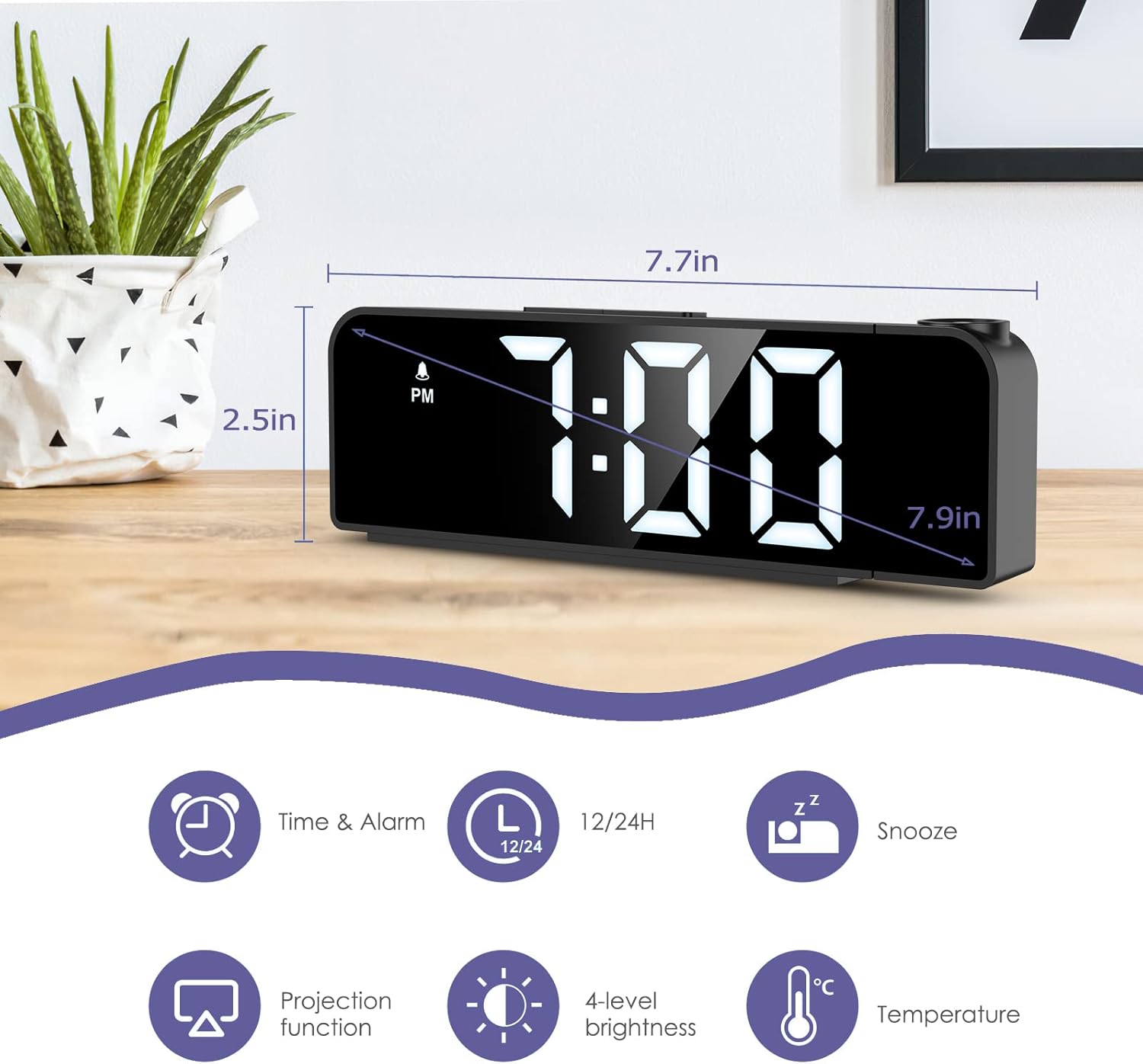 OQIMAX GH8013 Digital Projection Alarm Clock showing dimensions and key features
