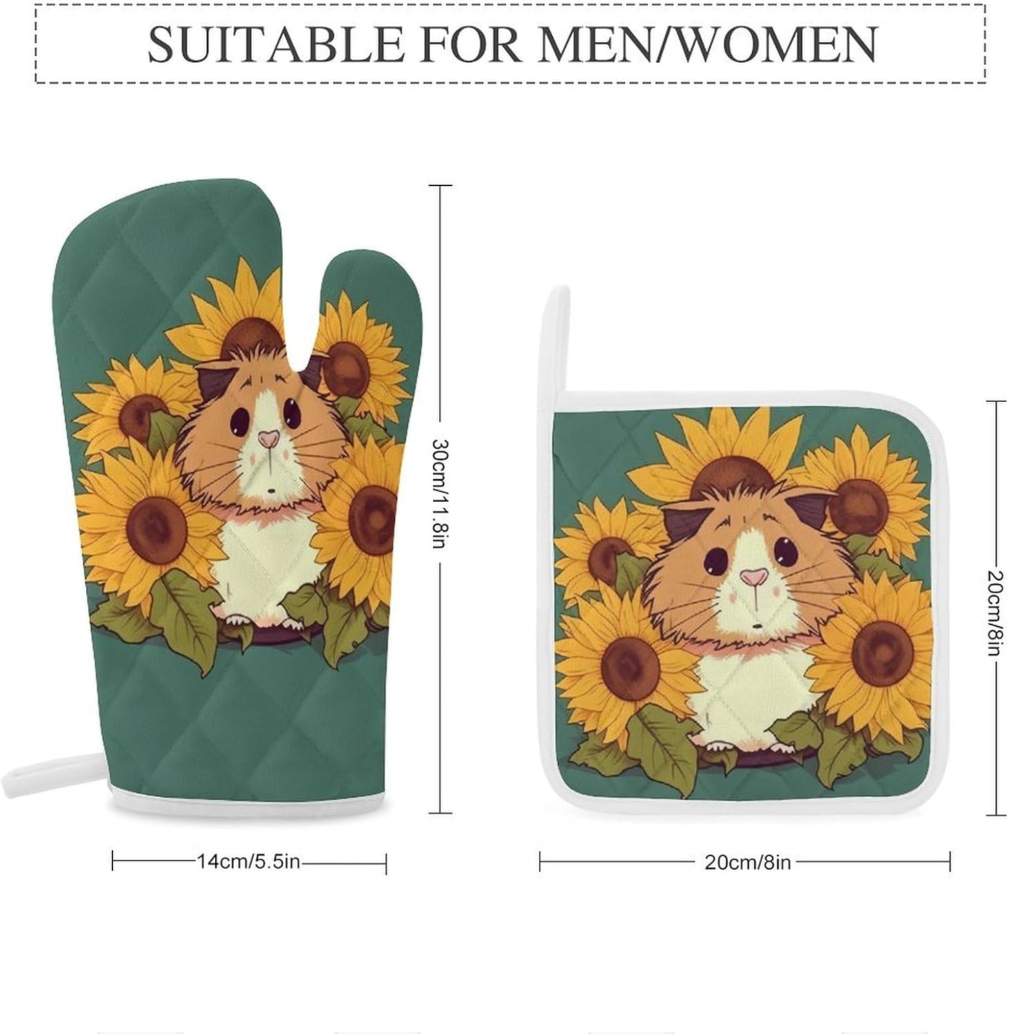4-Piece Oven Mitts and Pot Holders Set Sunflower Hamster Cartoon Printed Heat-Resistant Polyester Kitchen Gloves and Potholders Comfortable & Durable for Cooking Baking and Grilling