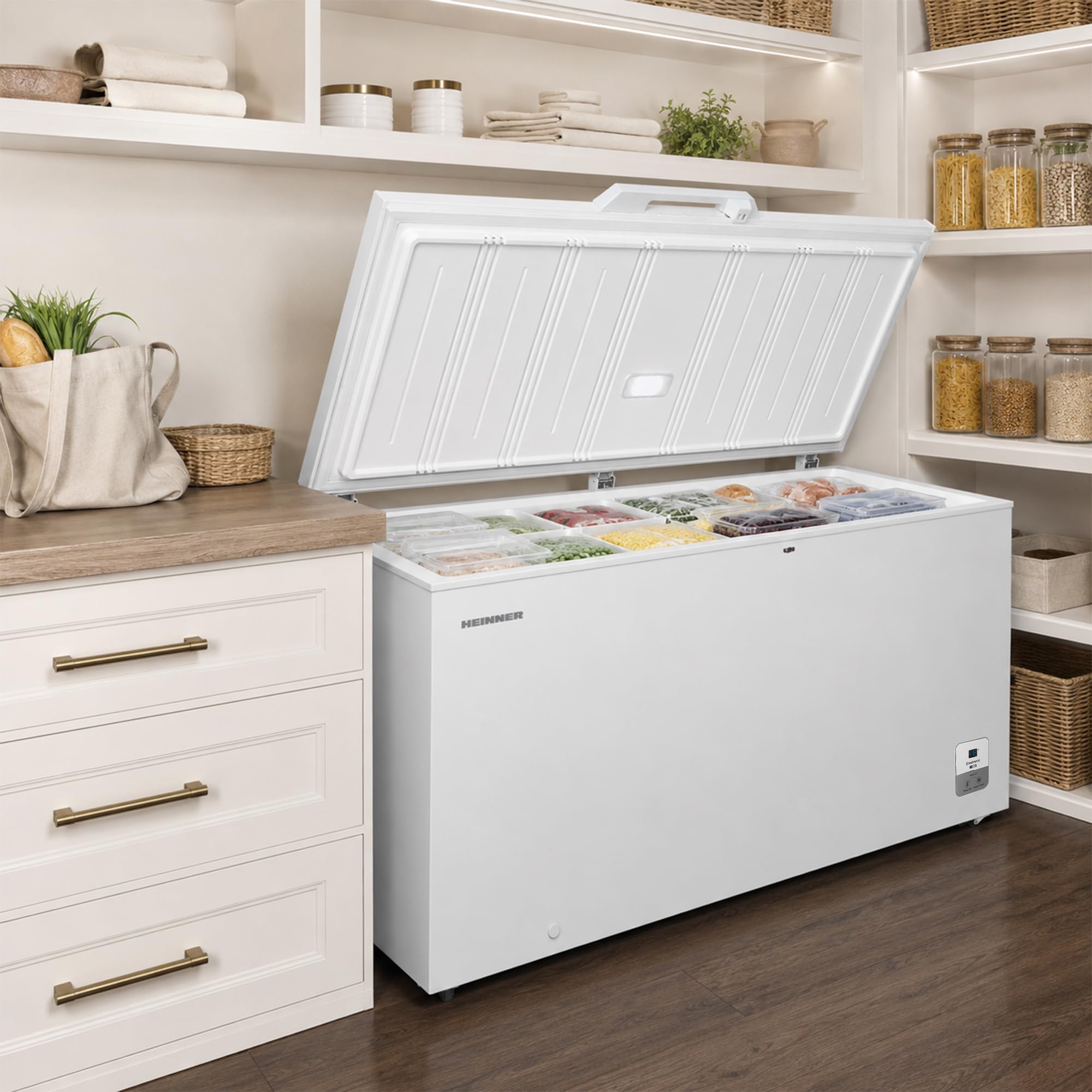 HCF‑HS500EE++ – Gefriertruhe 500 L – Energieeffizienzklasse E – Elektronisch gesteuert, LED‑Display & Innenbeleuchtung, Schnellgefrierfunktion, Weiß - Jahre Garantie