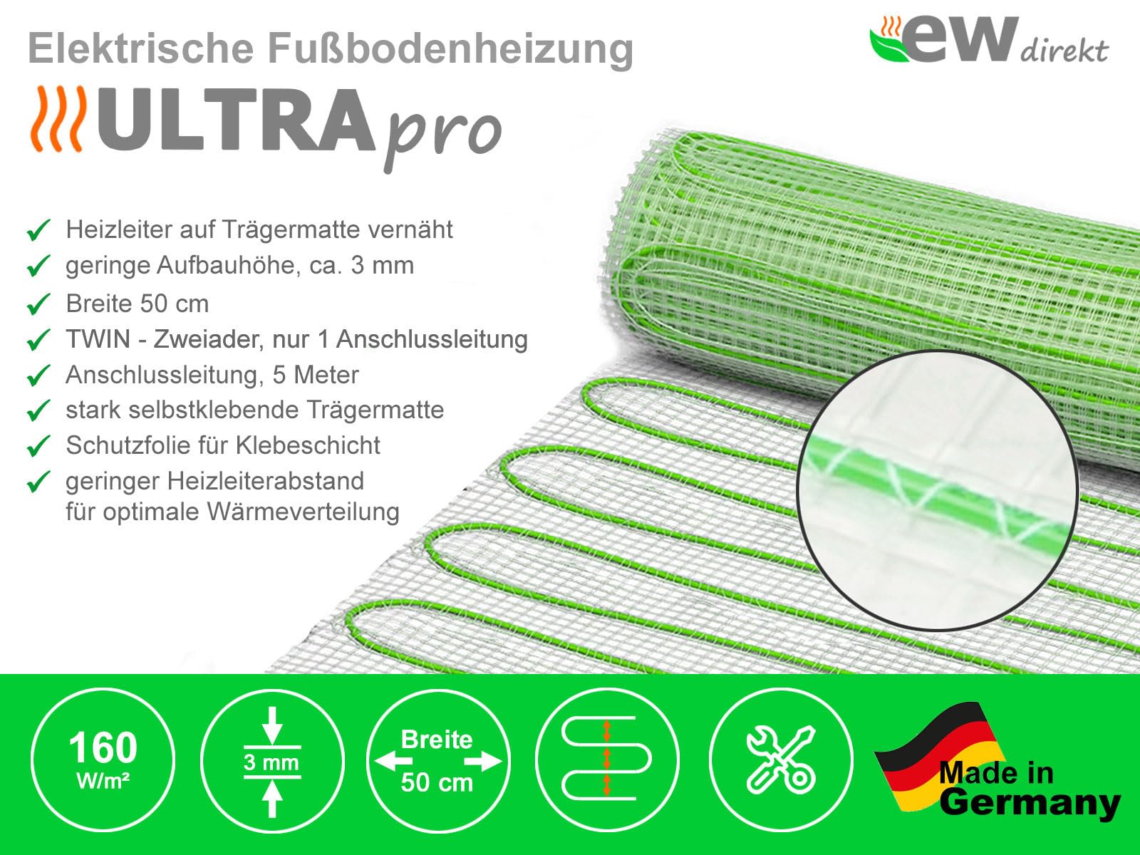 Komplett-Set elektrische Fußbodenheizung UltraPro 160 für Fliesen, Naturstein mit Thermostat RT-50 schwarz (4 m² - 0,5 x 8 m)