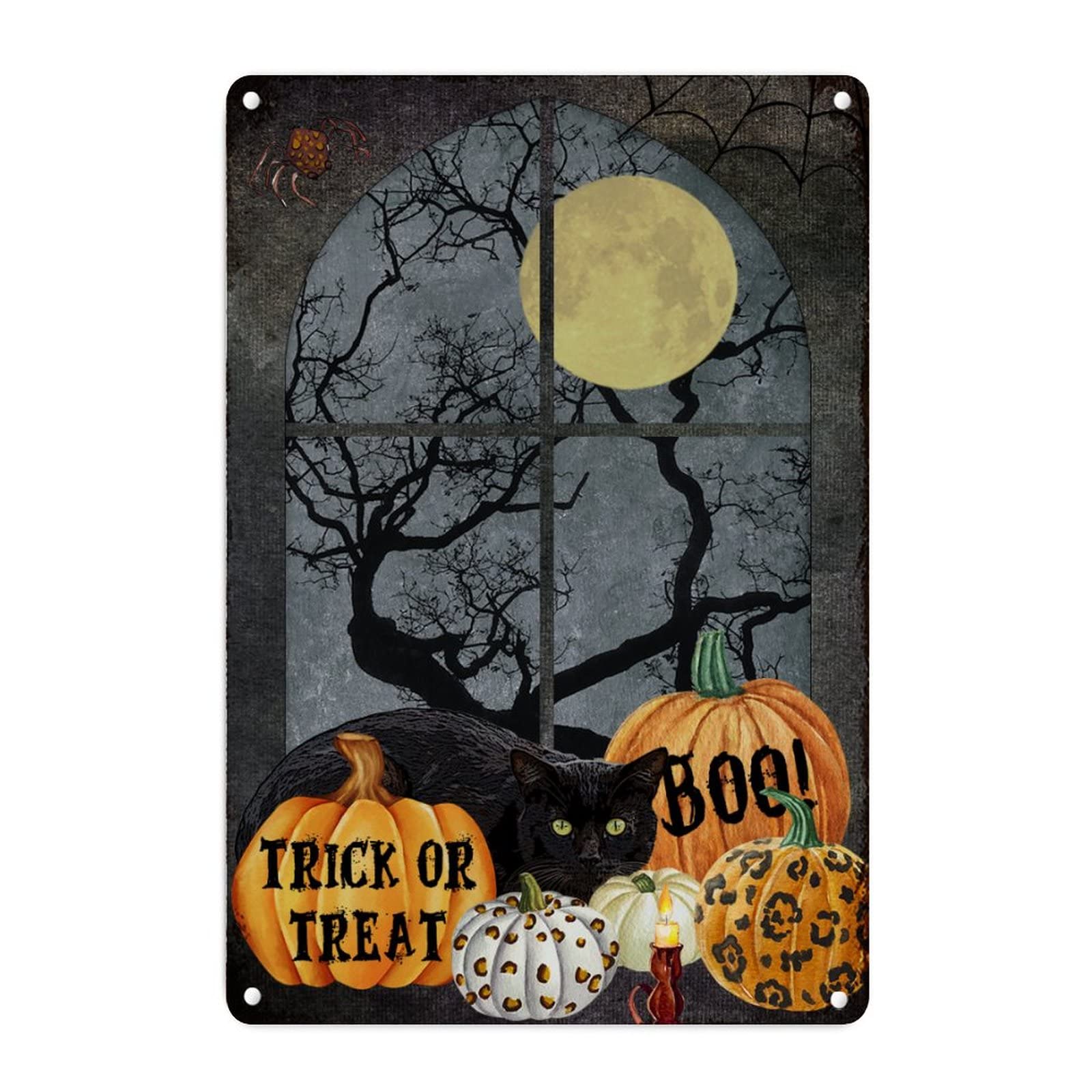 Décorations d'Halloween en métal durables motif Boo et chat noir rétro
