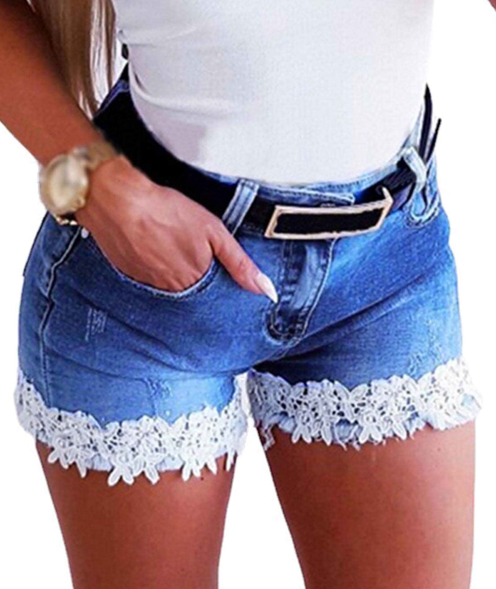 BERTHYFAI Women's Jean Shorts Lace Trim Summer Stretchy High Waisted Ripped Casual Beach Hot Short Denim Pants