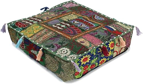 Mam Treasures - Funda de cojín decorativa de estilo indio bohemio vintage, funda de cojín cuadrada de retazos, cojín de meditación, cojín grande