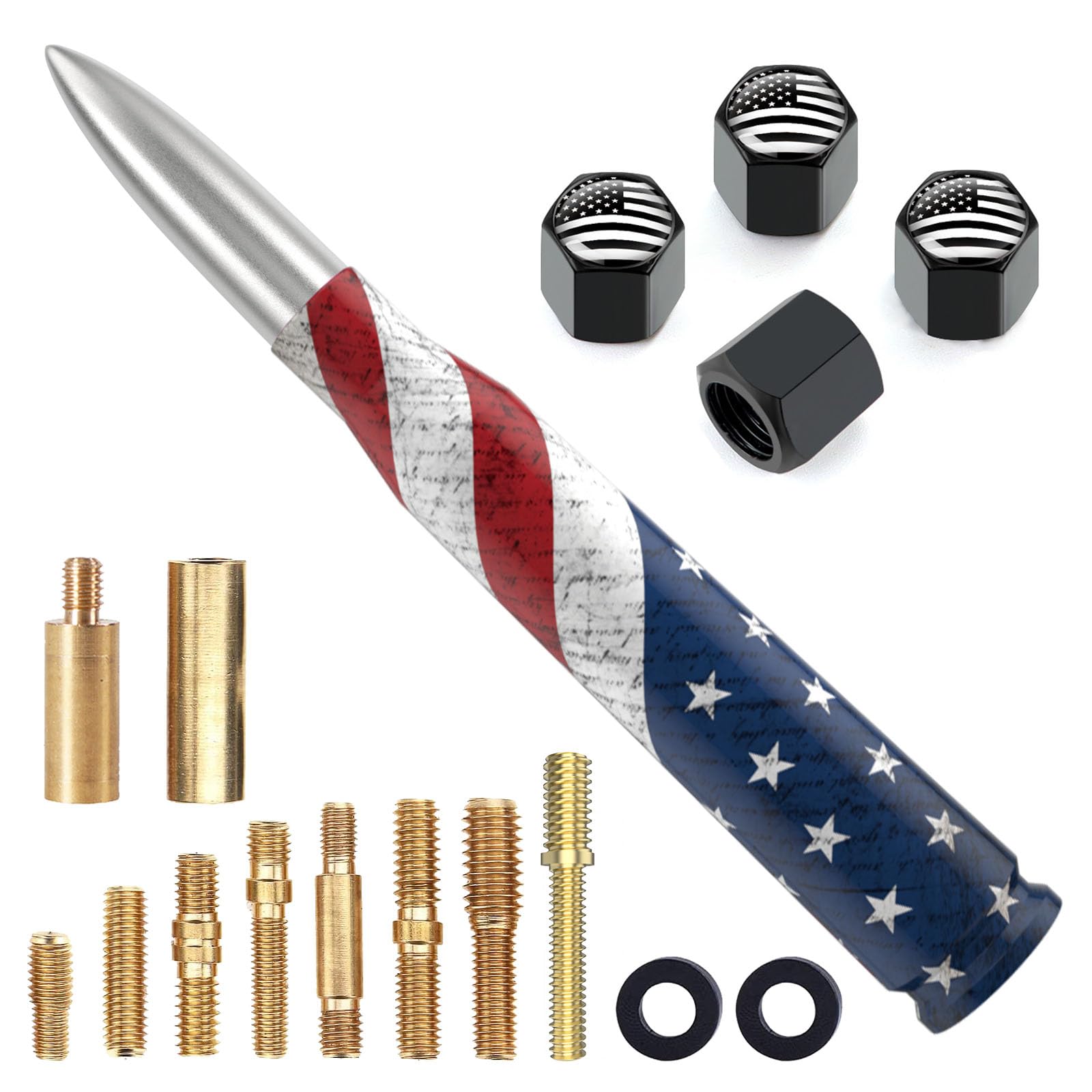 Car Truck Bullet Antenna Replacement Mast with Valve Stem Caps American Flag Style for GMC Sierra Chevy Silverado Dodge Ram 1500 2500 3500 Ford F150 F250 F350 Super Duty Raptor Accessories, Silver