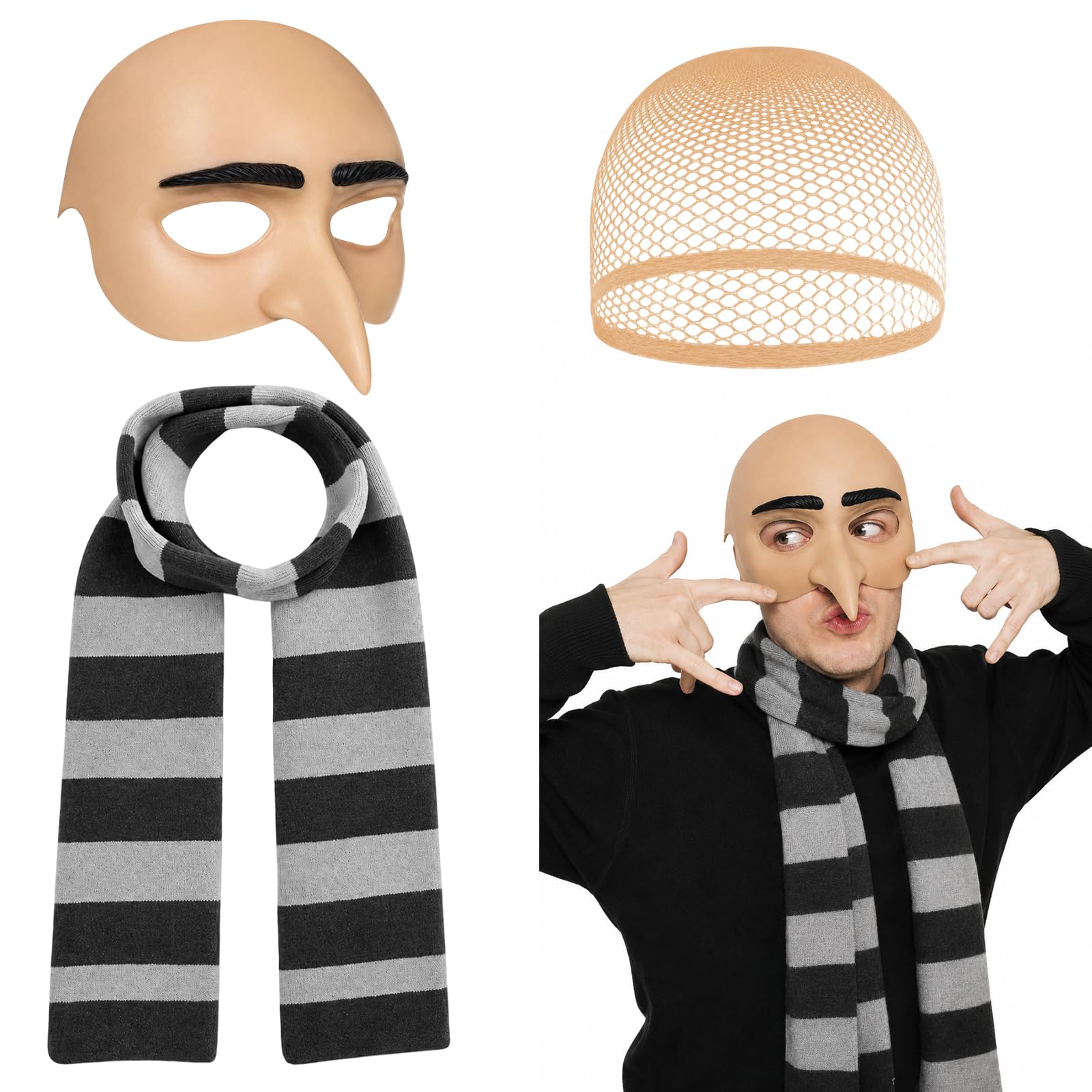 JcunYcb Bald Cap, Halloween Costume, 3 PCS Adult Bald Caps and Accessories Set with Scarf Bald Cap Long Nose Hair Nets, Bald Caps for Cosplay Halloween Party Adult Pretend Play