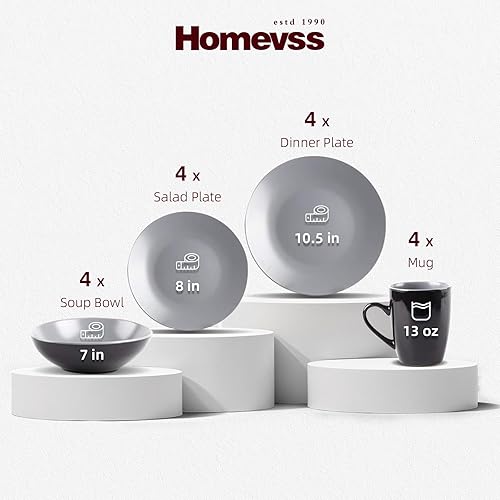 Miniatura 2 de HomeVss - Juego de vajilla de gres de dos tonos Colors Life de 16 piezas, exterior negro brillante + interior con esmalte mate gris claro