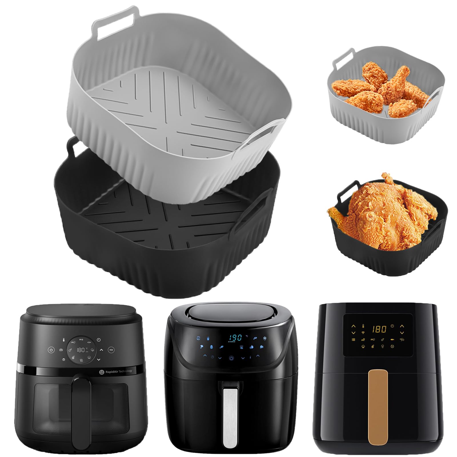 Molde Silicona Freidora de Aire, Silicona Alimentaria, 2 Unidades Complementos Freidora de Aire con Asas Anticalóricas, Compatibles con CREATE 4,2L, Moulinex EZ5058 4,2L/ 5L, Narvi 4,2L/5L, JOCCA 5L