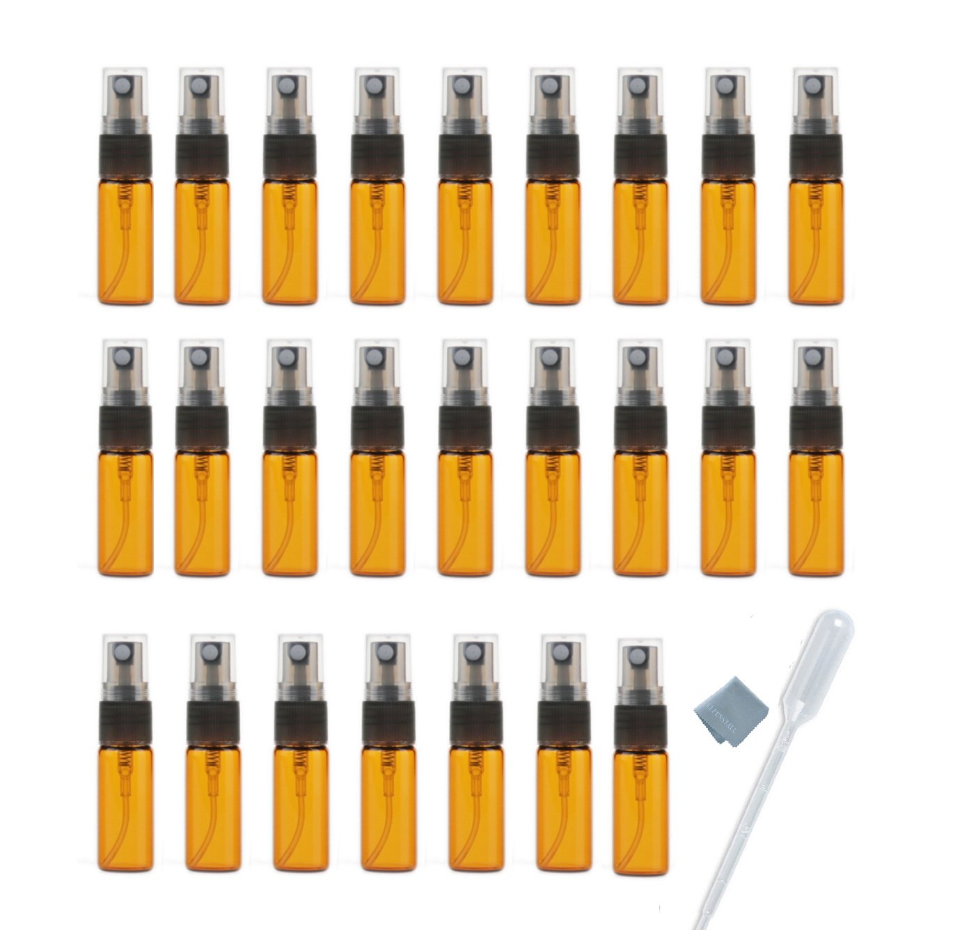 Elfenstall- 20pcs Amber 5ml 1/6oz Atomizer Vial Glass Bottle Spray Refillable Perfume Empty Fine Mist Sample Bottle Clean Cloth Free 3ML Pipette for Travel Party…