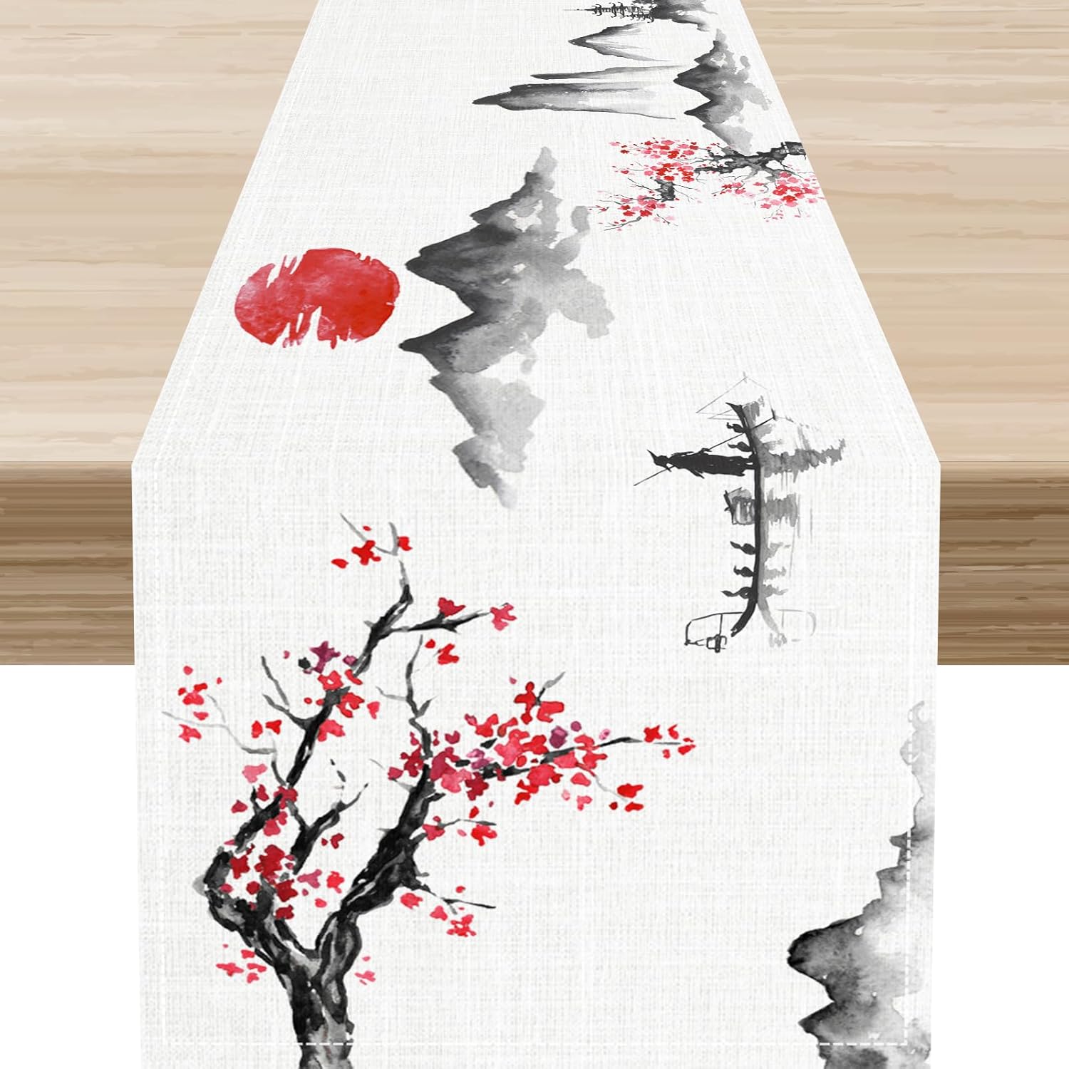 Chinese Landscape Table Runner, Traditional Vintage Asian Oriental Line Art Cherry Blossom Nature Print Table Runner for Home Party Kitchen Dining Table Wedding Party Decor 13"x108"