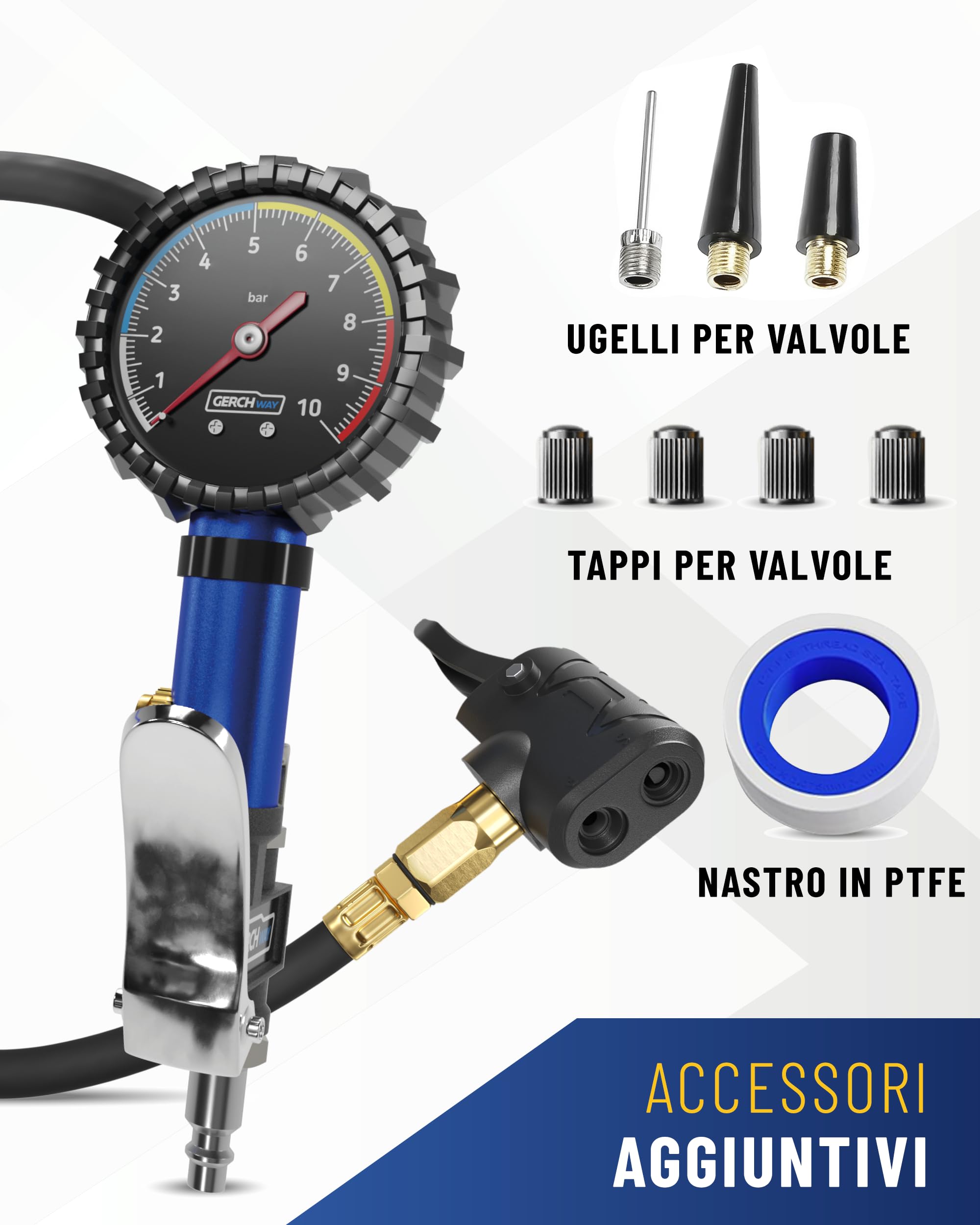 Manometro Pressione Gomme, Pistola Gonfiaggio Pneumatici - Presta, Schrader