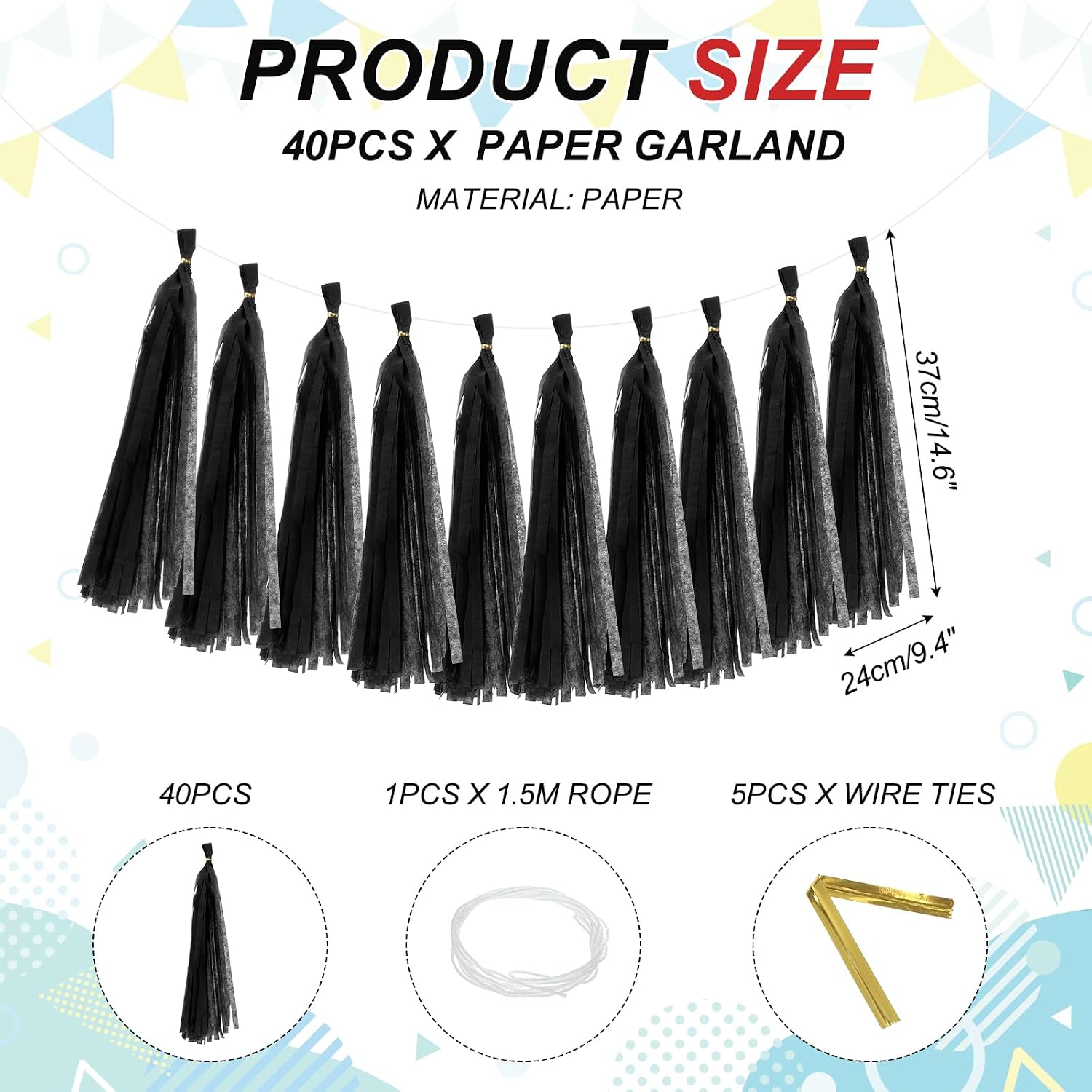 MECCANIXITY 40Pcs Tassel Garland Banner Tissue Paper for Streamers Party Decorations, Valentine's Day Birthday Decor for Women with Rope and Tie Wire (Black, 14.6Inch)