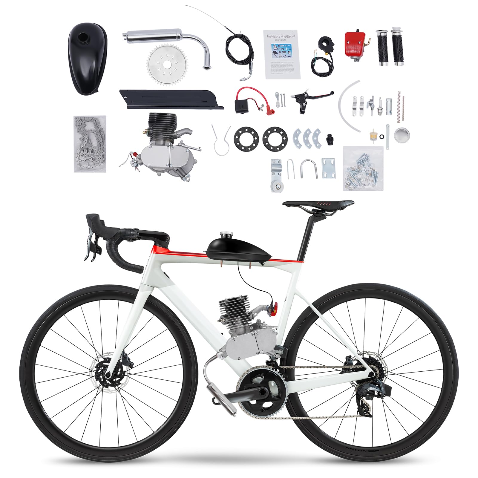 HIFMGHE 100cc Bicycle Engine Kit, 2 Stroke Motorized Bike Engine, Single Cylinder Low Fuel Consumption Bicycle Motor Kits, with Air Cooling/CDI Ignition for Most 26