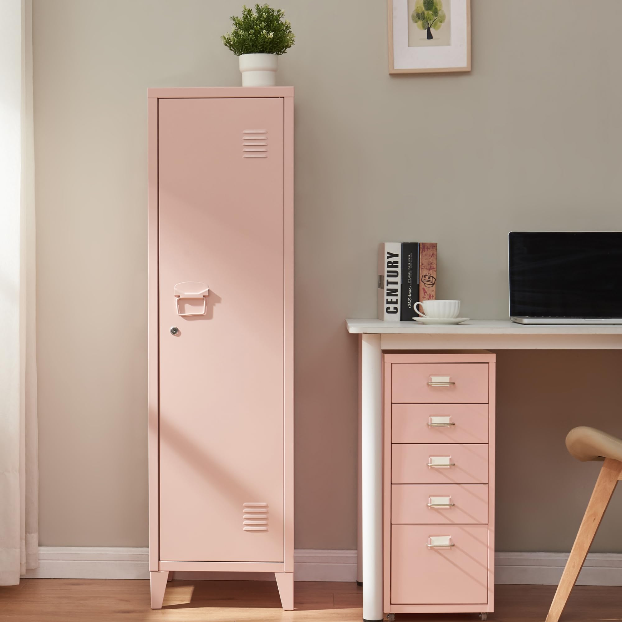 [en.casa] Armadio da Ufficio con Anta e Serratura Mobile in Acciaio per Archivio con 3 Scomparti Armadio da Spogliatoio 137 x 38 x 38 cm Beige Pesca
