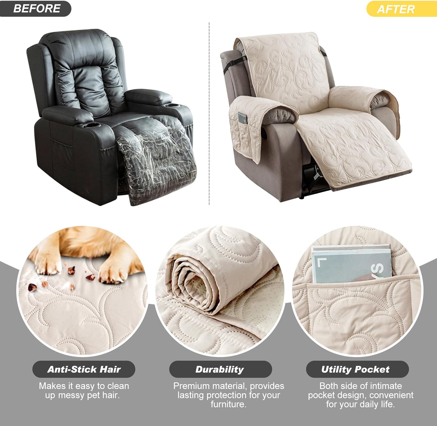 100% Waterproof Recliner Chair Cover, Recliner Chair Covers for Reclining Chair, Non-Slip Fabric Recliner Couch Cover for Living Room, for Pets Kids Protector, Washable (Beige, 28"Recliner Chair)