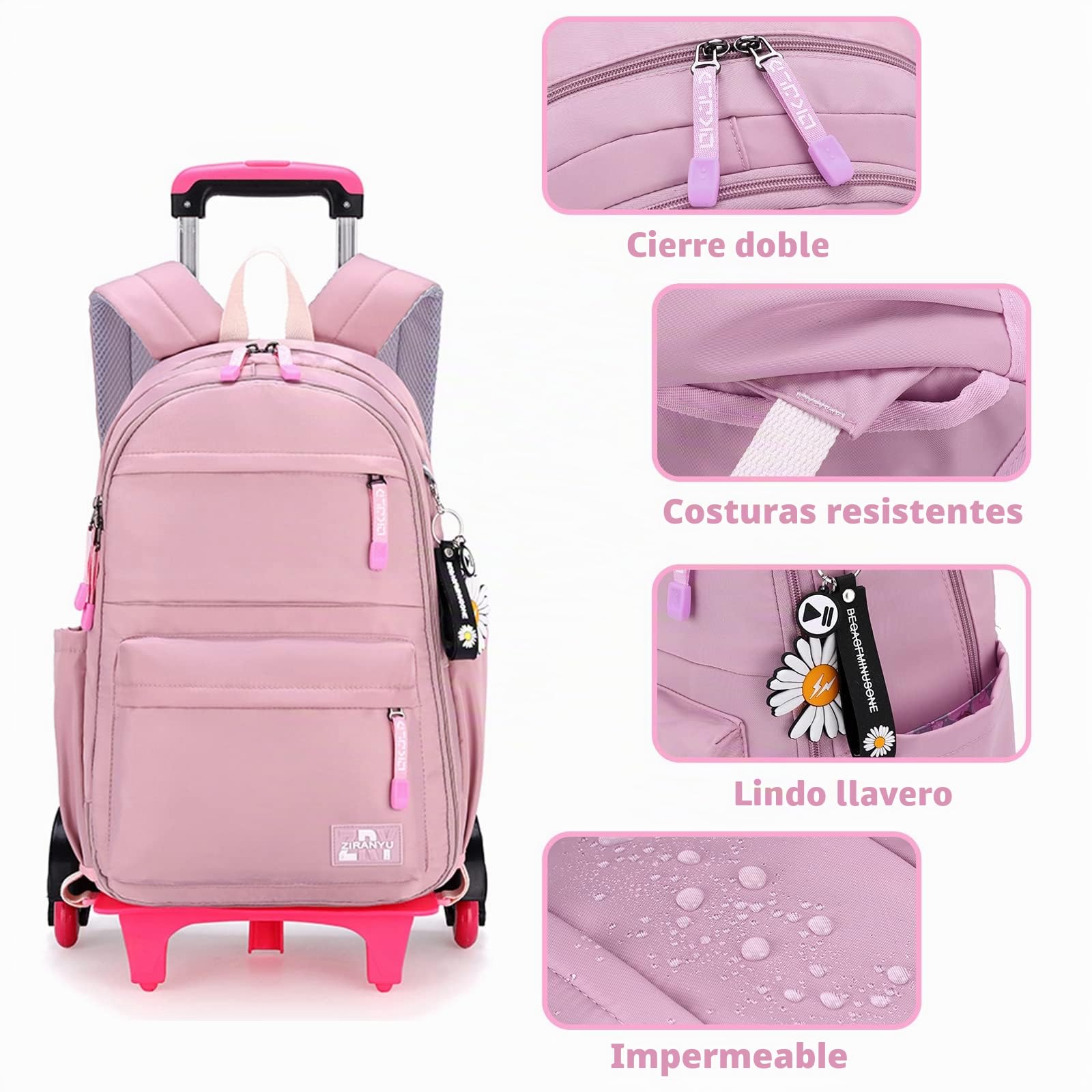 Tanou Mochila Ruedas Niña, 16 Pulgadas Mochilas Escolares con Ruedas, Desmontable Mochila con Carro Niñas para Viajes Escolar, 8-14 Años, Violeta