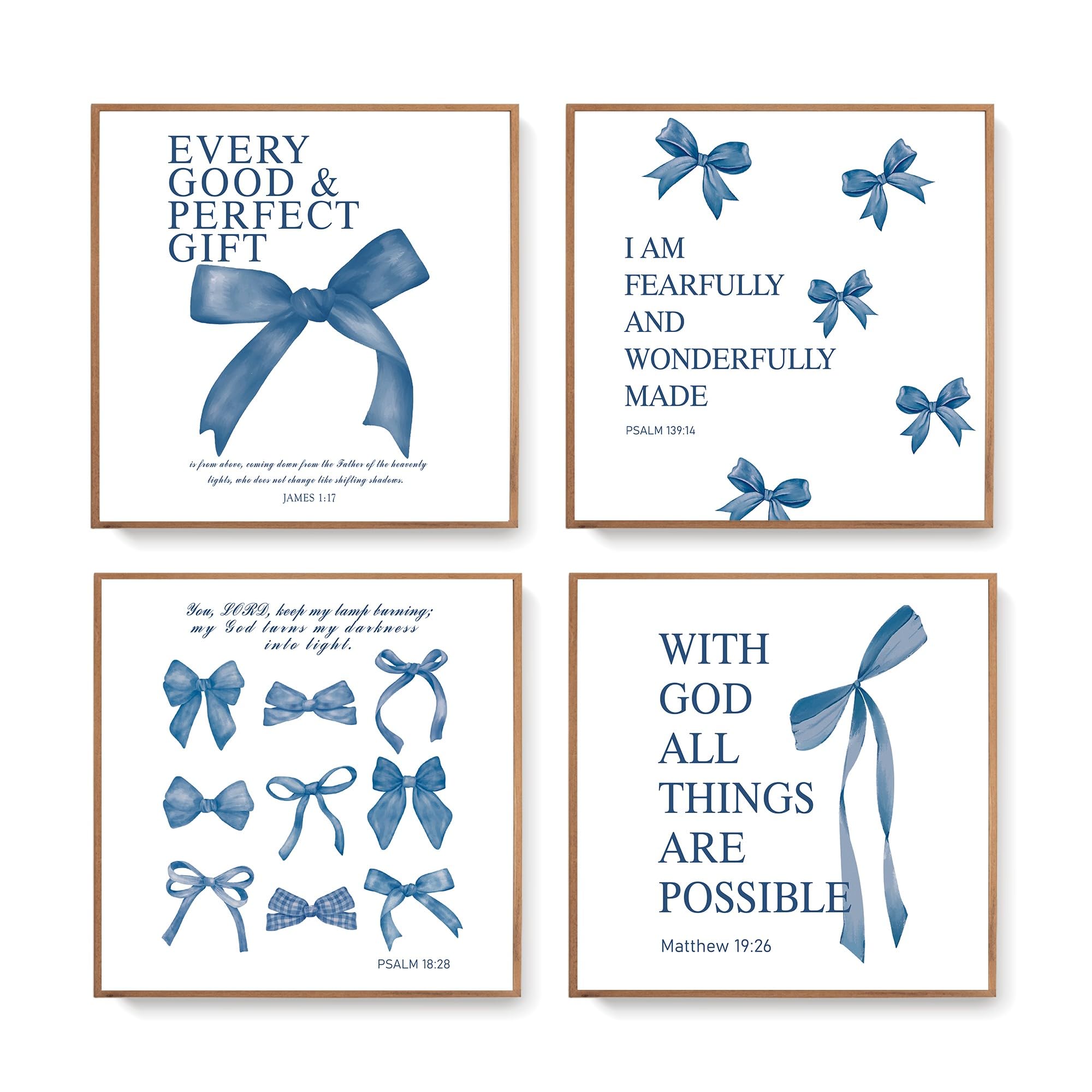 LARTSFROCoquette Navy Blue Bow Wall Art Decor Posters, Navy Blue Bow Room Bedroom Bathroom Wall Art Decor Aesthetic for Teen Girls Gifts, Inspirational Bible Verses Bow Wall Decor, 10x10 Inch Set of 4 Bow Pictures Unframed