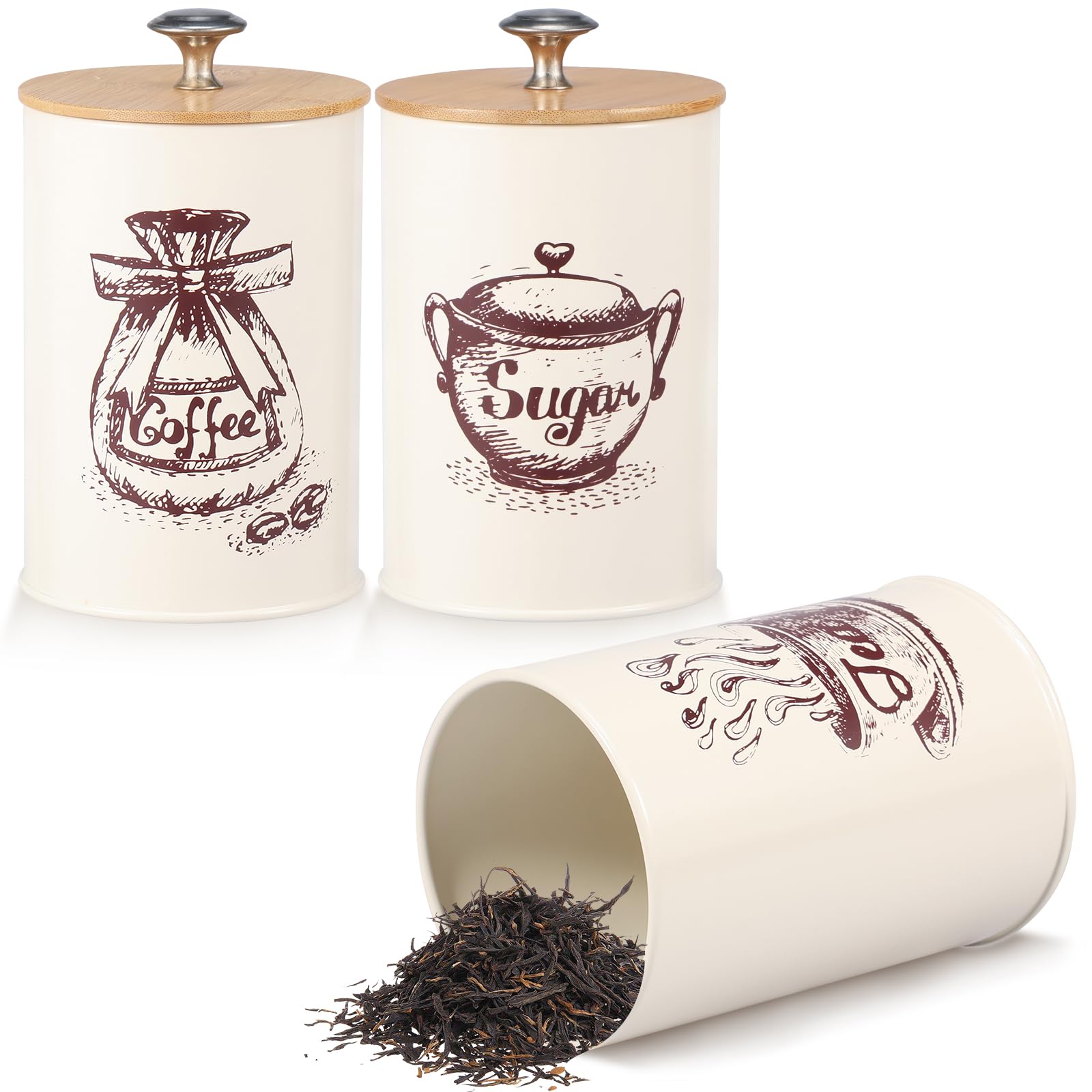 shaojian 3Pcs Tea Coffee Sugar Canisters Set 750ML Metal Vintage Tea and Coffee Canisters Set with Airtight Lid and Name Marker Cylindrical Food Storage Container for Farmhouse Decor (set 1)