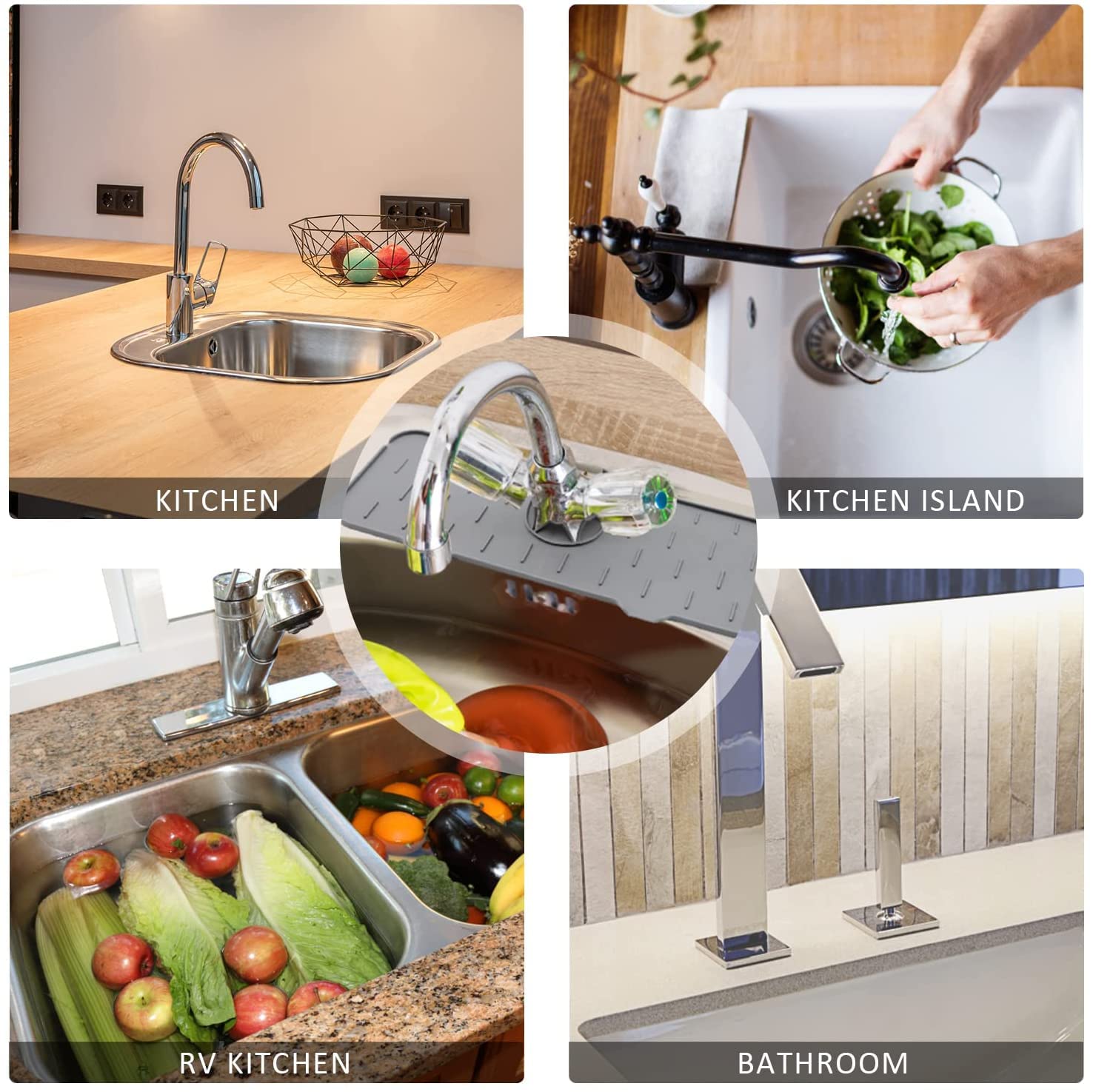 Daily Treasures Tapis De Robinet Silicone Bord Étroit 45x10 Cm – Récupérateur D'Eau Inclinable 5°, Protection Évier Cuisine/Salle De Bain, Gris Élégant Anti-Éclaboussures