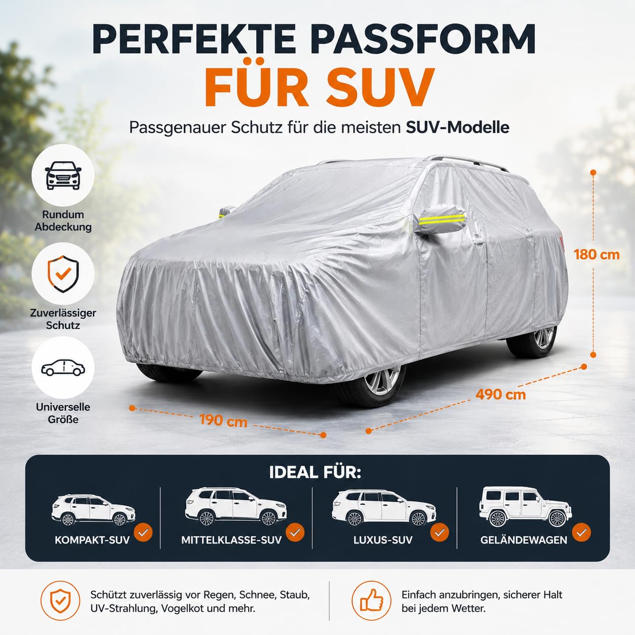 Housse de protection étanche pour SUV pour la protection et la couverture de voiture, véhicule : bâche de voiture en taille unique (1 x SUV (490 x 190 x 180 cm)
