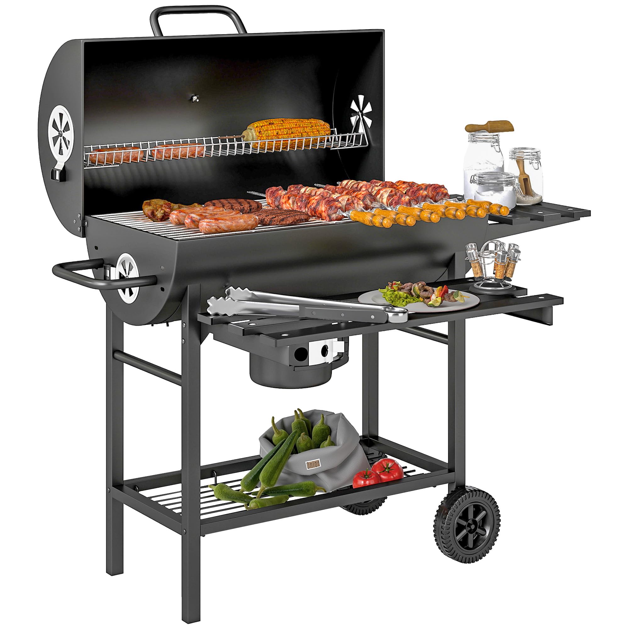 Outsunny Barbecue charbon de bois avec tablette avant pliable, grand barbecue au charbon de bois avec tablette inférieure, grille de cuisson, couvercle avec thermomètre et 2 roues, noir