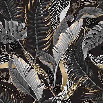 MuralPeel Modern Black Gold Tropical Plant Leaf Dark/Grey Peel and Stick Wallpaper Self Adhesive Removable Easy Peel Off Contact Stick on Wall Paper for Bedroom Renter