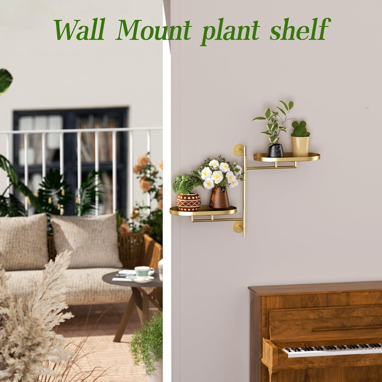 Window Rotating Plant Stand Shelf Indoor Gold Metal Floating Shelves 2-Tier Wall Mount Plant hanger Holders for Wall Planter Modern Home Decor window sill gifts thumbnail