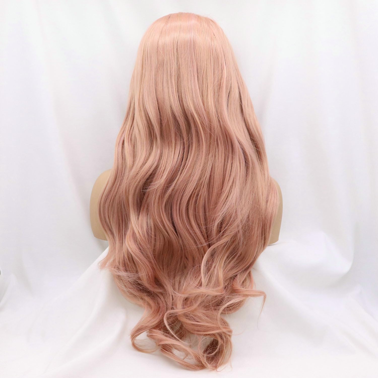 24" Lungo rosa ondulato parrucche per le donne sintetico pizzo anteriore miscelato rosa calore sicuro sostituzione dei capelli parrucche Halloween Cosplay giornaliero partito uso parrucca mezzo Parted