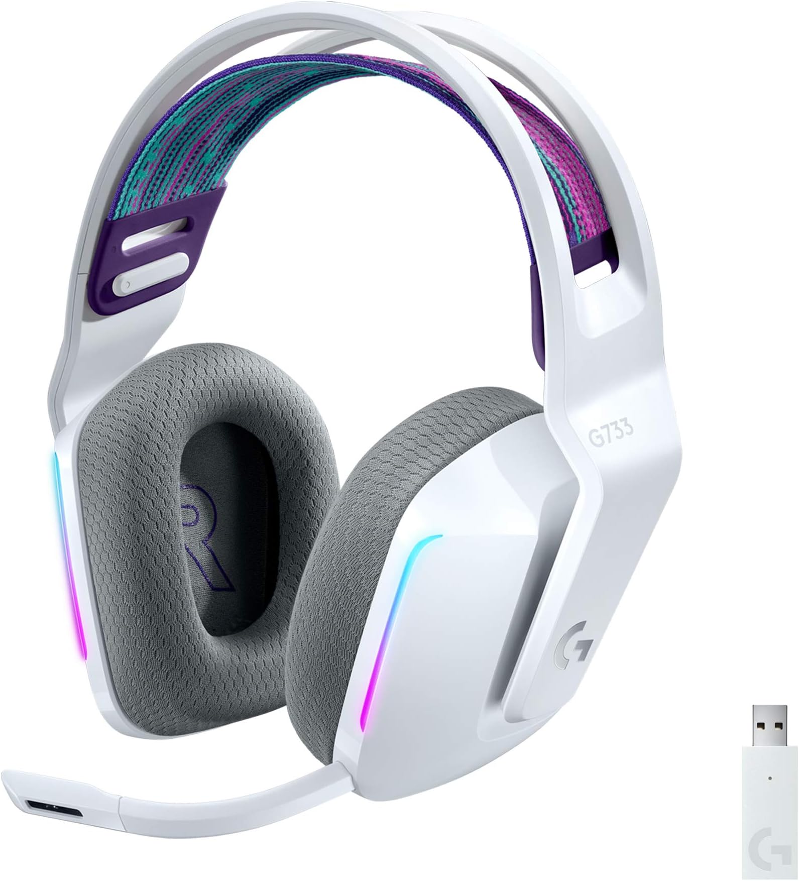 G733 LIGHTSPEED Wireless Gaming Headset with suspension headband, LIGHTSYNC RGB, Blue VO,CE mic technology and PRO-G audio drivers, Lightweight, 29 Hour battery life, 20m range - White
