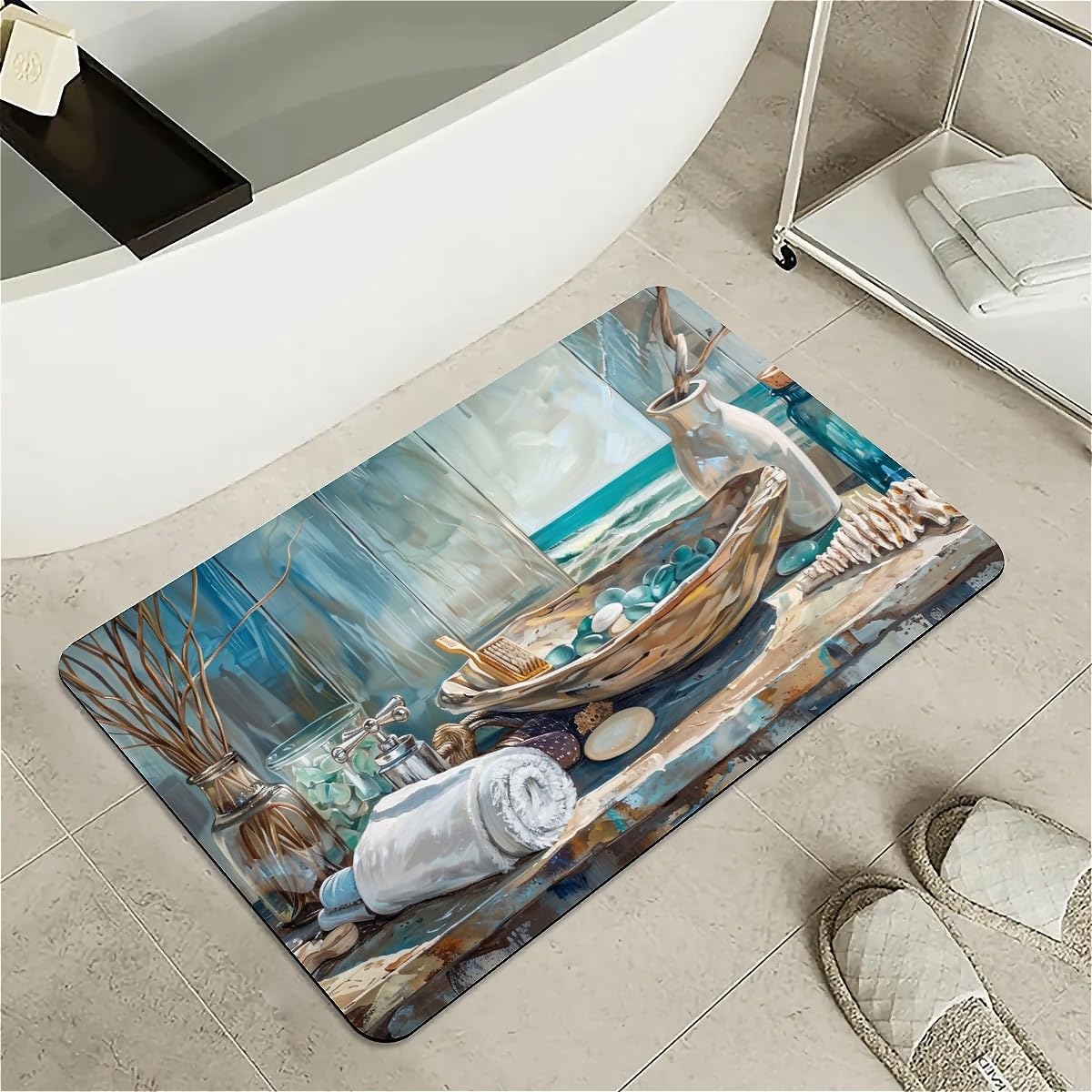 ZHUZHISHAN Diatomaceous Earth Bath Mat,Tranquil Coastal Bathroom Non-Slip Volume Super Absorbent Fast Drying Eco-Friendly Easy to Clean for Bathroom