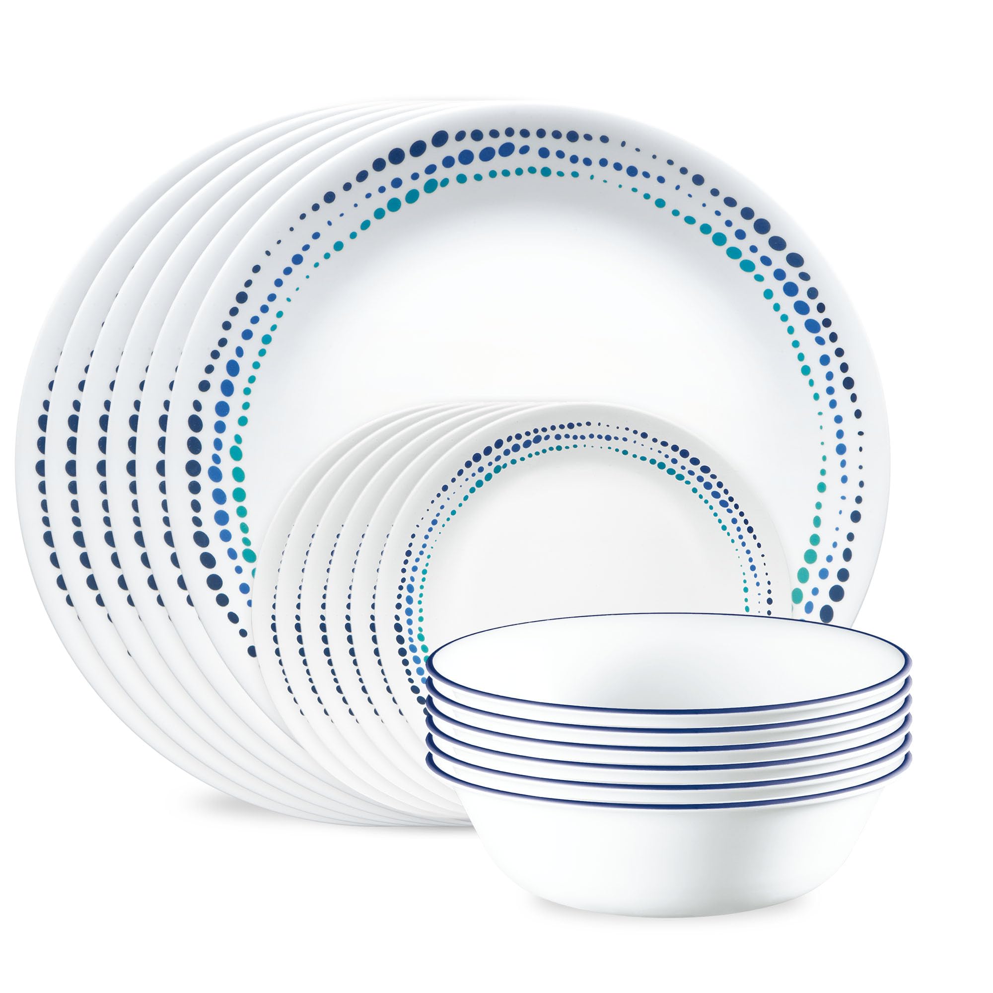Corelle Vitrelle 18-Piece Service for 6 Dinnerware Set Triple Layer Glass and Chip Resistant, Lightweight Round Plates and Bowls Set, Ocean Blue