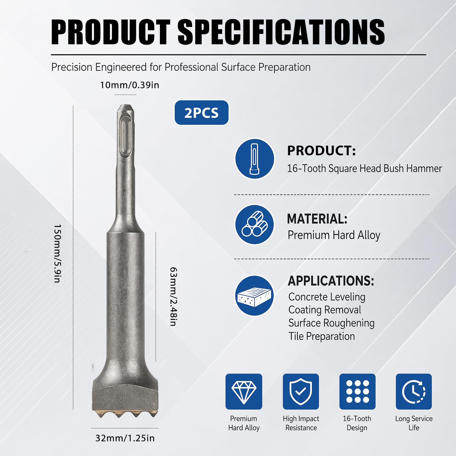 2 cinceles SDS Plus, cinceles de acero de aleación, cincel eléctrico para martillo de 16 dientes, taladro eléctrico para martillo de flores con cabeza cuadrada, para hormigón, puentes, placas de