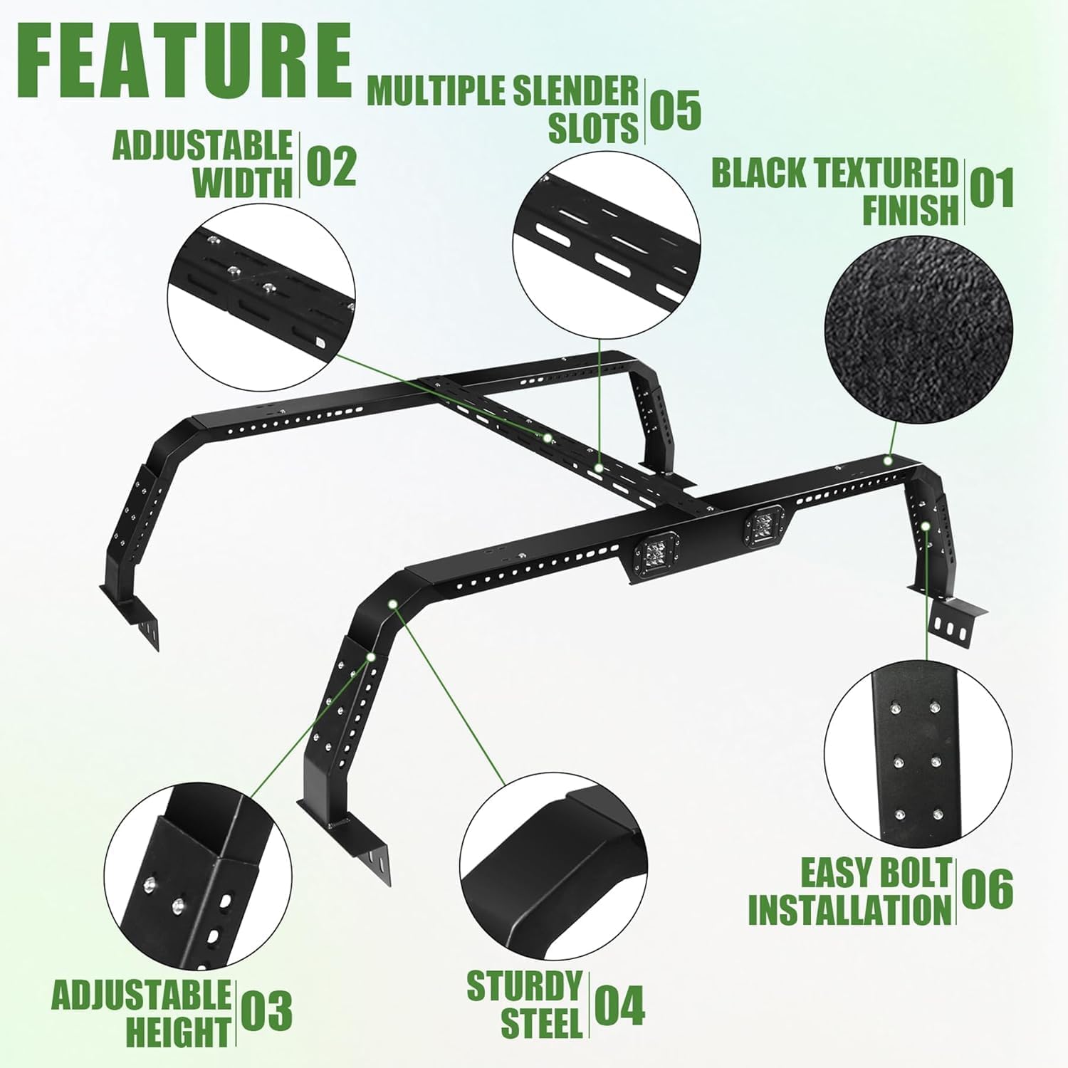 Adjustable Overland Truck Bed Rack with LED Lights, 500LBS Heavy Duty No-Drill Cargo Rack, Width 55.5”-64.5” Fits Full & Mid-Size Pickups fit for F150/Silverado/Ram 1500/Tacoma/Gladiator