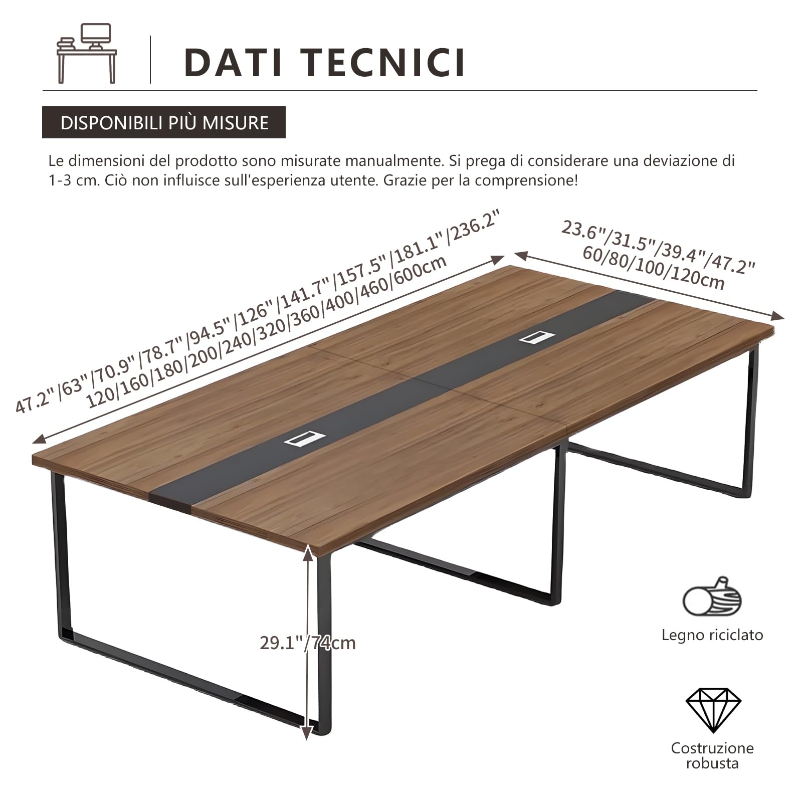 Grande Tavolo Riunioni Ufficio – Tavolo Conferenza Moderno con Passacavi,Struttura in Metallo Robusta,Design Rettangolare Nero-Bianco per 8–12 Persone (senza sedie)