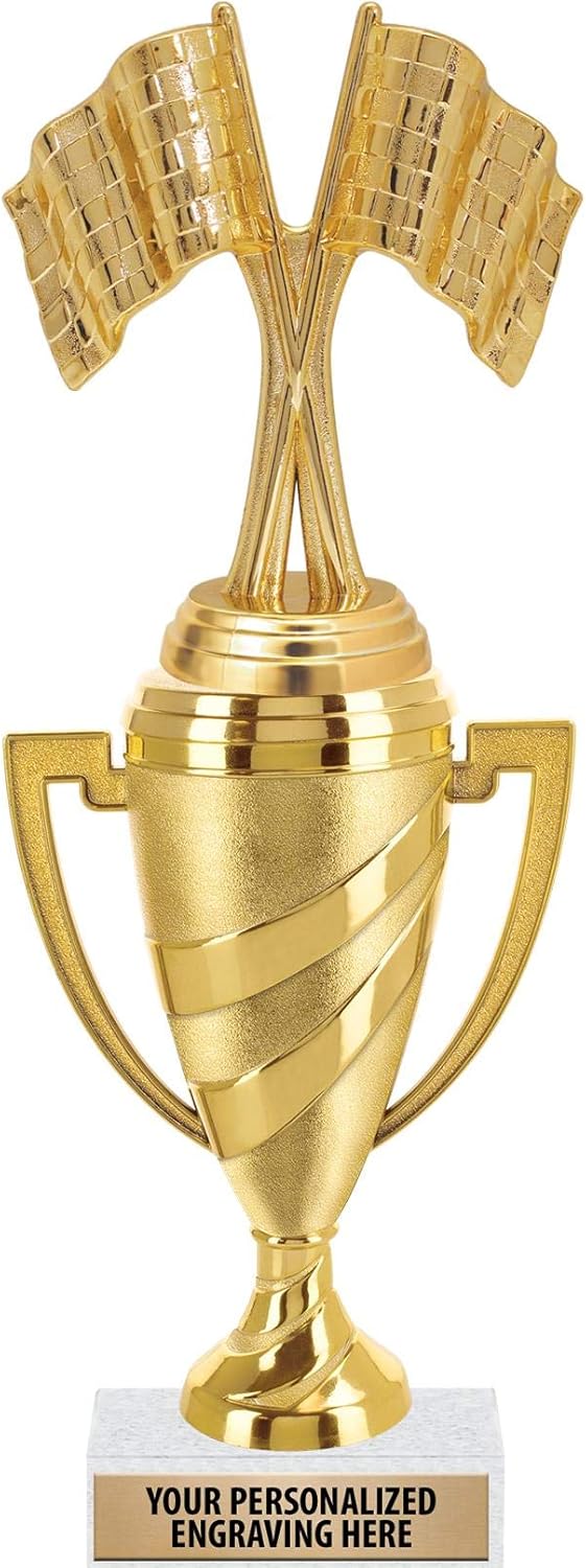 Racing Trophy, 11" Gold Cup Crossed Flags Race Trophies with Engraving Included