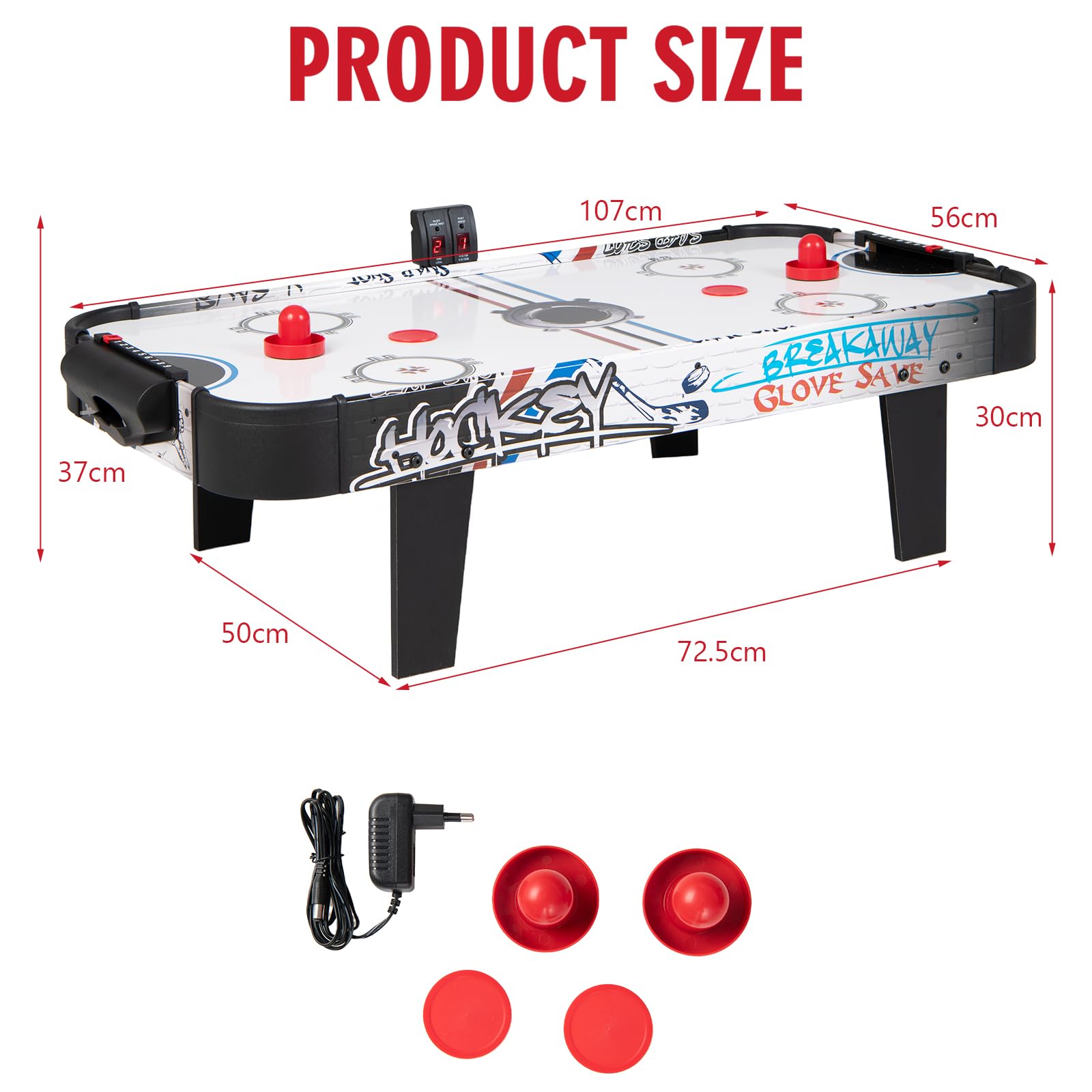HOMASIS Mini Mesa de de Juego para Airhockey, Mesa de Hockey de Aire con Marcador LED electrónico, Juguete Juego con 2 Discos, 2 Asas y 2 dianas para niños y Adultos, 107x56x30cm, Negro