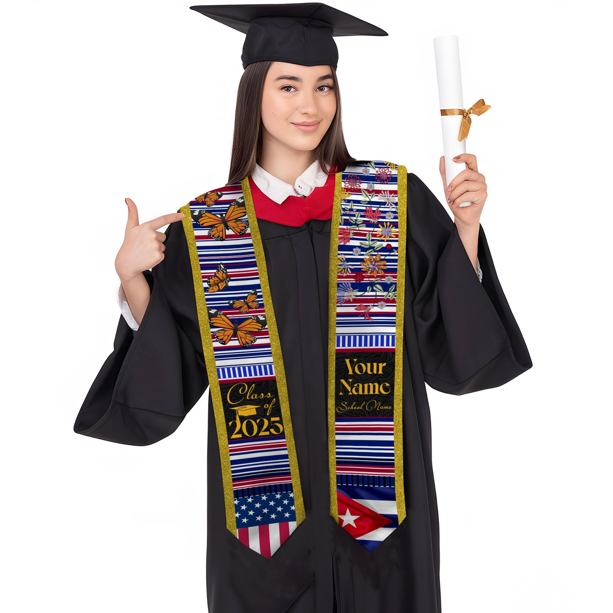 MonkeyVan Personalized Cuba Graduation Sash 2025, Custom Cuban American Flag Graduation Sash 2025, Cuban Flag Graduation Stole Cuba5