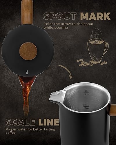 Miniatura 4 de POLIVIAR - Cafetera de prensa francesa, prensa de café de 34 onzas con mango de madera real, aislamiento de doble pared y pantalla de doble filtro,