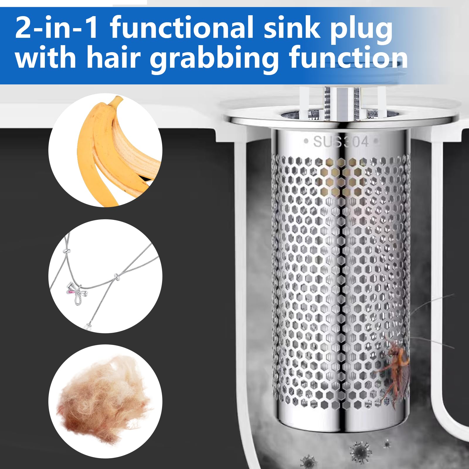 Tappo Scarico Lavandino Con Filtro 34-40 Mm - Acciaio Inox, Pop-Up, Antintasamento, Per Cucina E Bagno (Confezione Da 2) - Foto 2