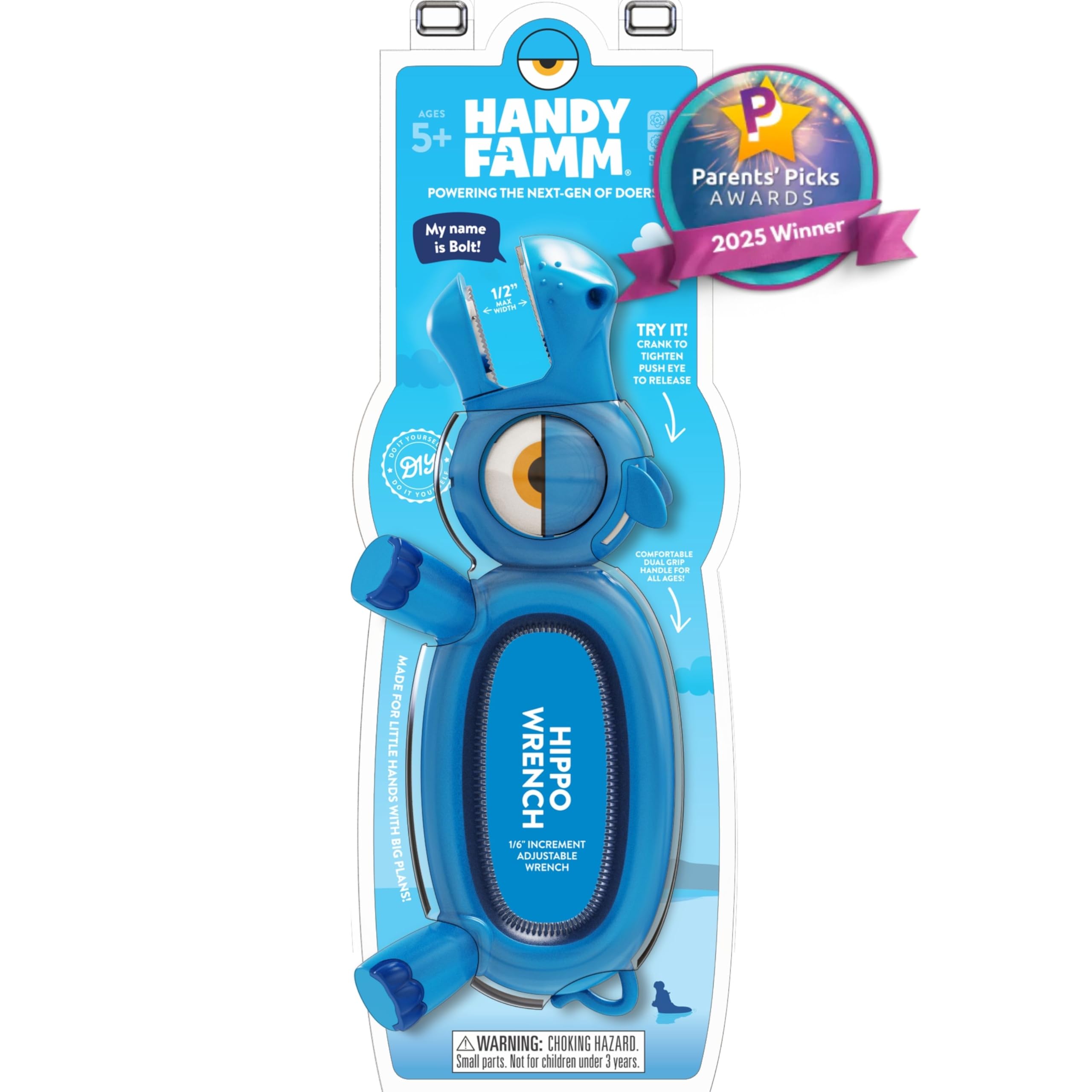 Handy Famm Hippo Kid Safe Adjustable Wrench, Real DIY Tool for Kids 5 and Up, STEM Learning & Motor Skills Development for Children, Blue