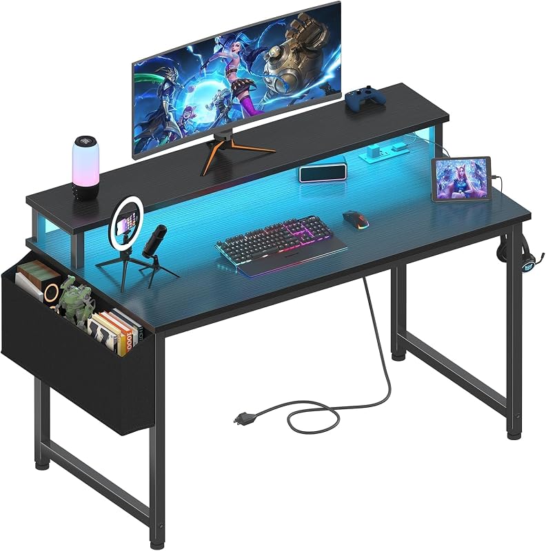 Black Gaming Desk with LED Lights and Power Outlets, 40 Inch Teen Writing Study Table Home Office Desks with Monitor Stand, Computer Desk with Charging Station USB Port, Black