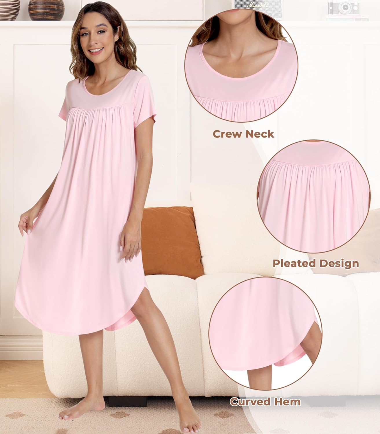 NACHILA Womens Nightgowns -Viscose Made from Bamboo,Soft Nightshirt Short Sleeve Sleepwear Pleated Sleepdress Cool Sleepshirt - Image 4